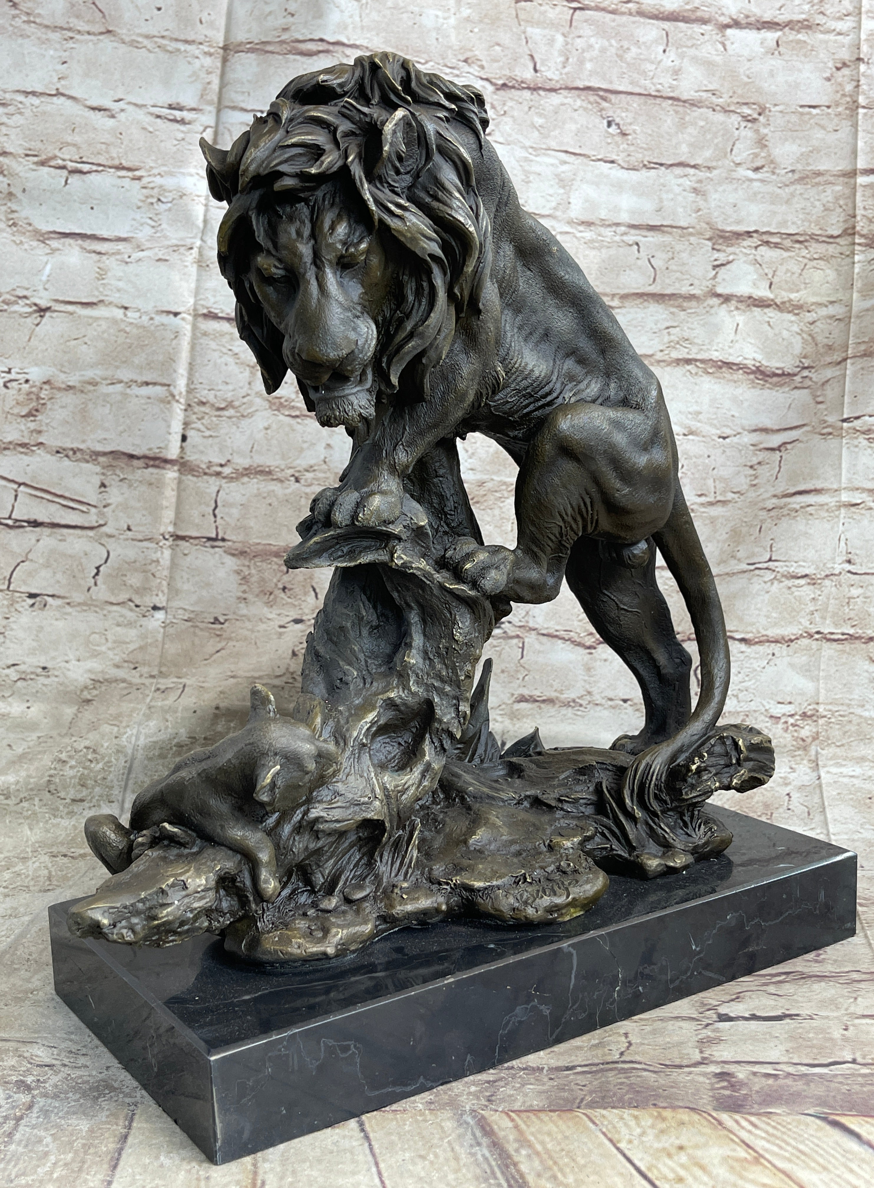 Male Lion w/ Cub Bronze Statue Sculpture Figure Barye Decor 14" x 12"