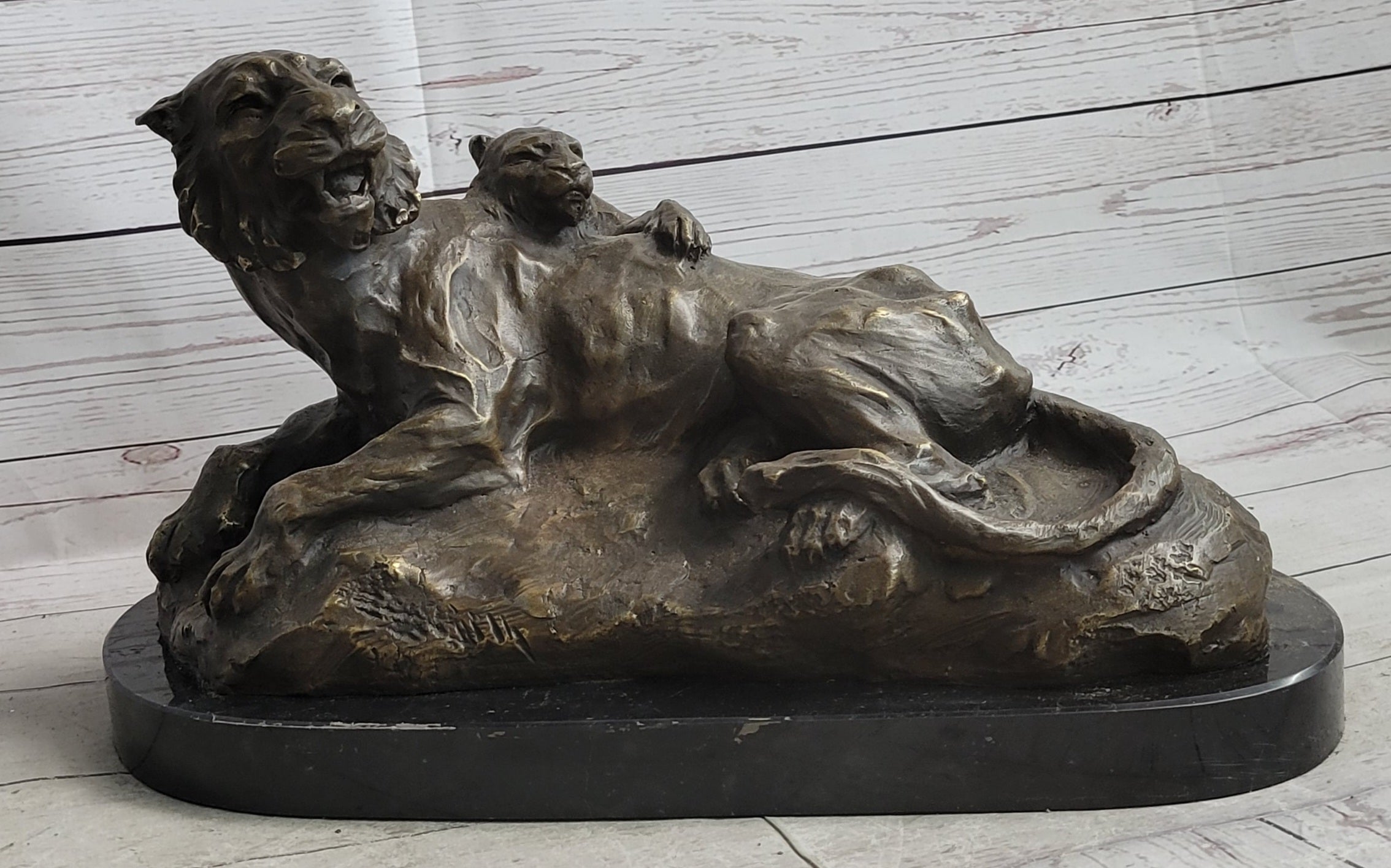 Lion Tiger & Cub Bronze Statue Sculpture Wildlife Figure Decor Handmade Art