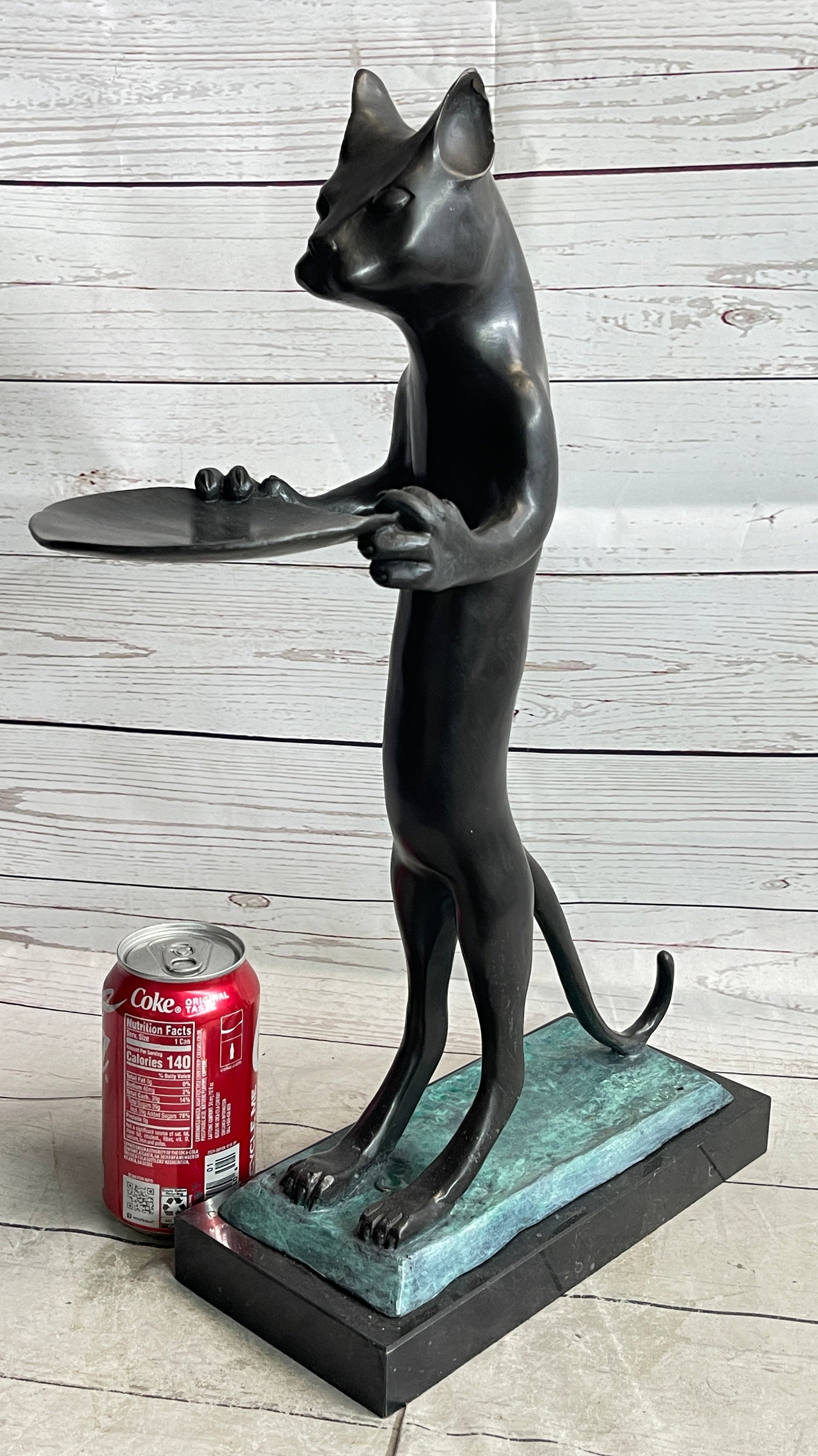 Standing Cat Holding Tray Business Card Holder Bronze Sculpture Statue Original Art Decor