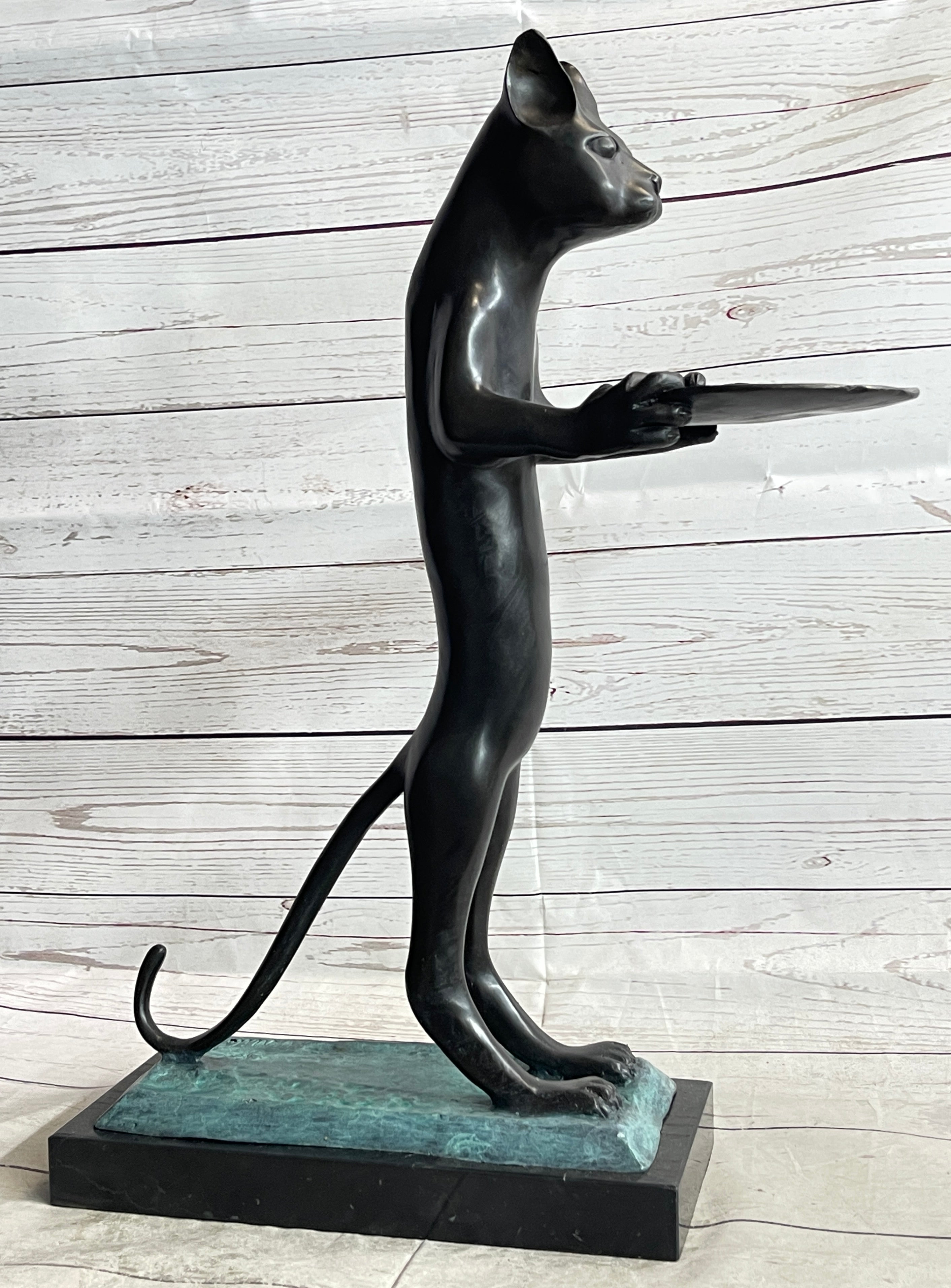 Standing Cat Holding Tray Business Card Holder Bronze Sculpture Statue Original Art Decor