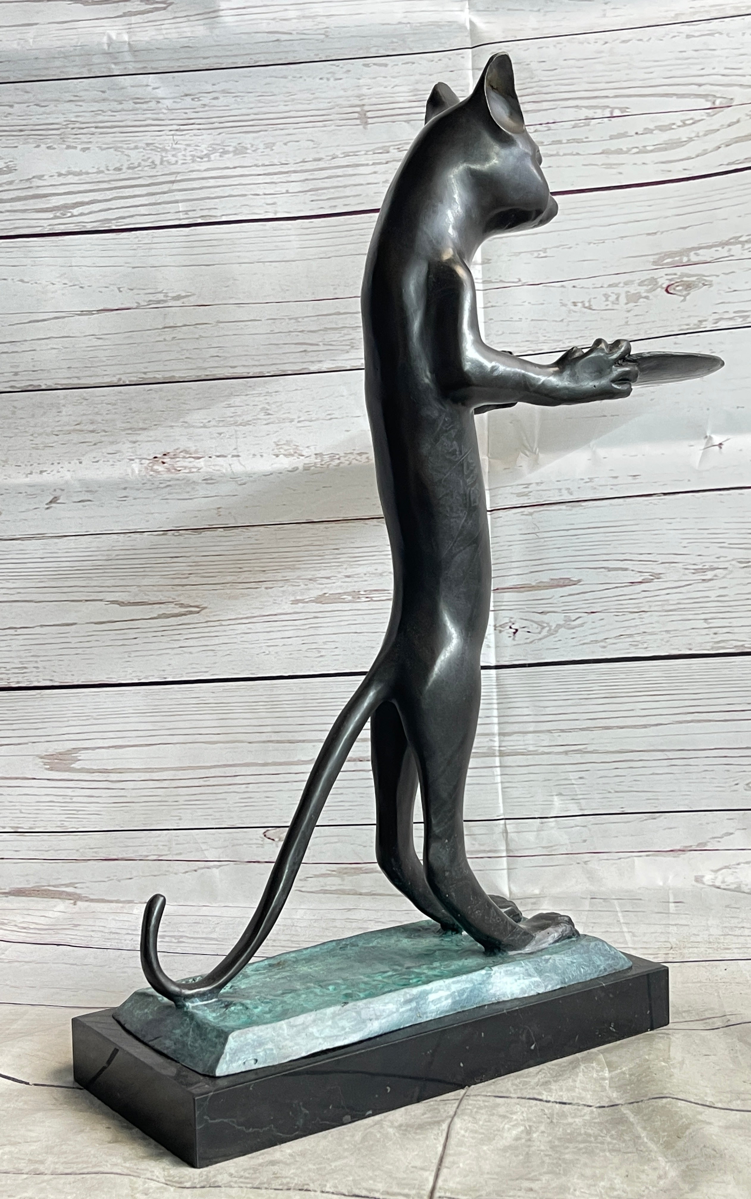 Standing Cat Holding Tray Business Card Holder Bronze Sculpture Statue Original Art Decor