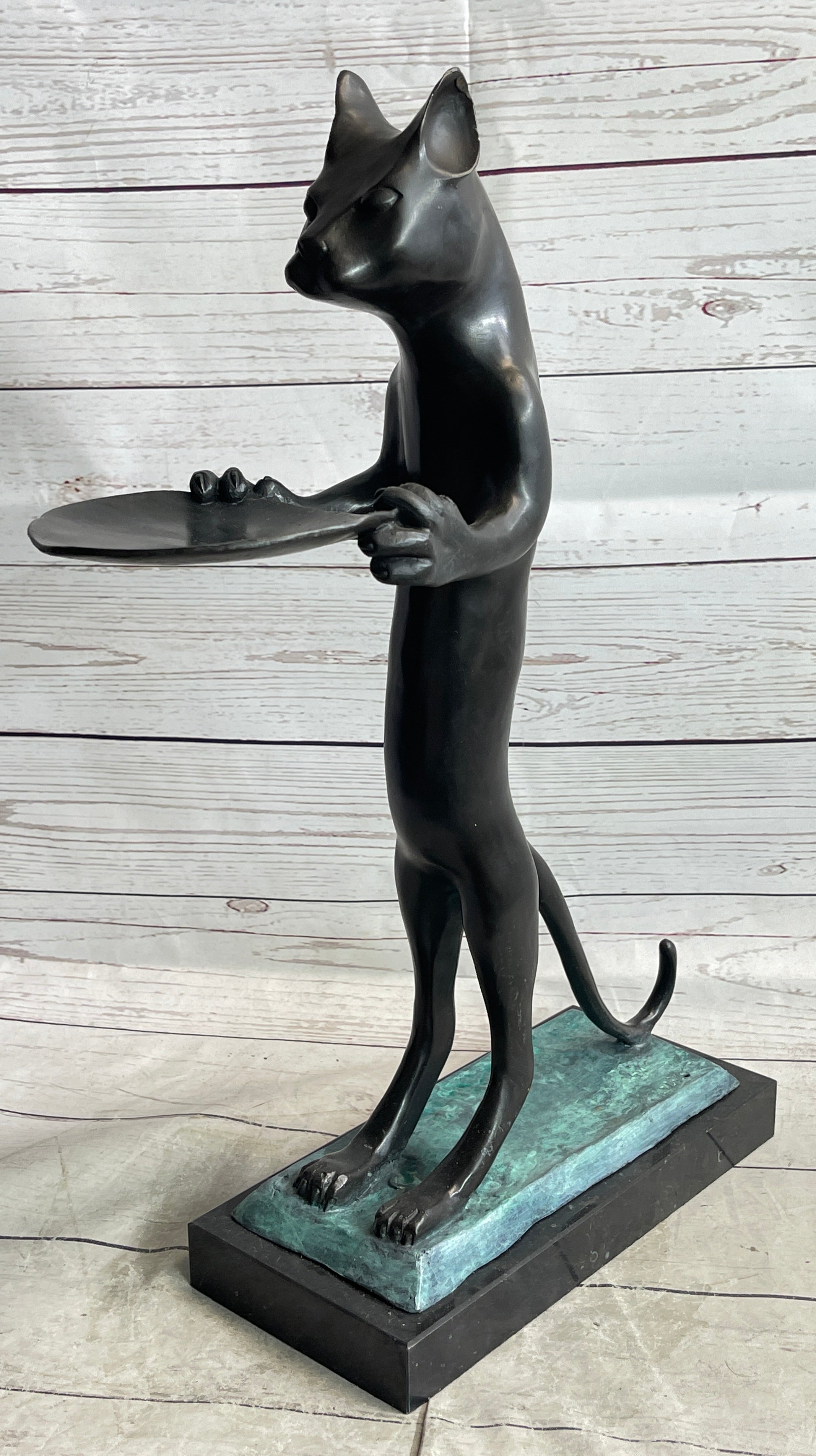 Standing Cat Holding Tray Business Card Holder Bronze Sculpture Statue Original Art Decor