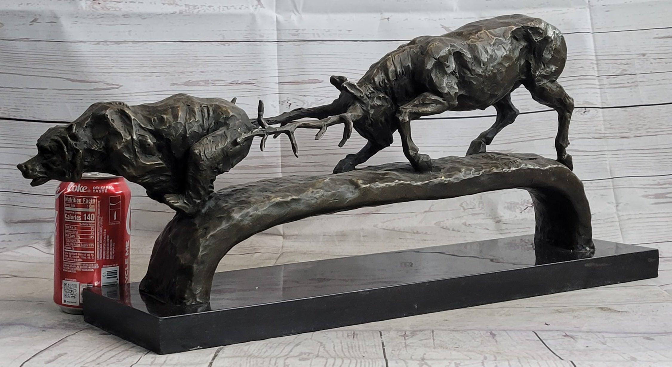 Elk Reindeer Caribou vs. Bear Bronze Sculpture Statue Wildlife Original Art Decor