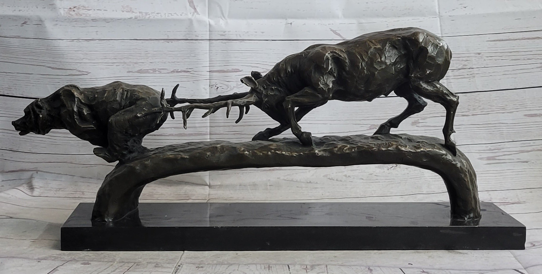 Elk Reindeer Caribou vs. Bear Bronze Sculpture Statue Wildlife Original Art Decor