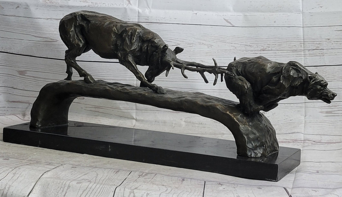 Elk Reindeer Caribou vs. Bear Bronze Sculpture Statue Wildlife Original Art Decor