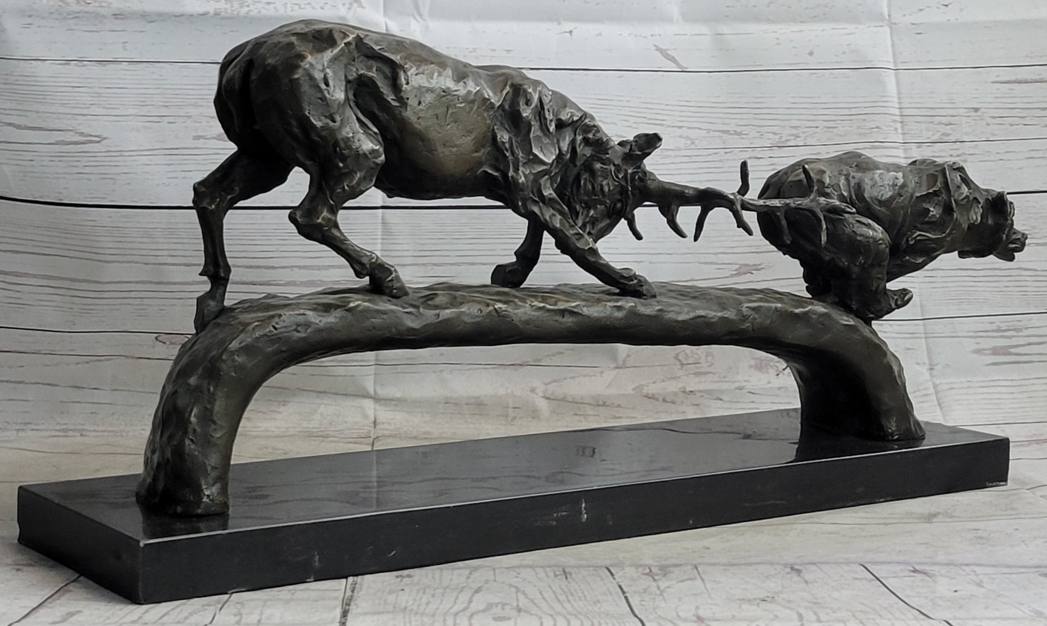 Elk Reindeer Caribou vs. Bear Bronze Sculpture Statue Wildlife Original Art Decor