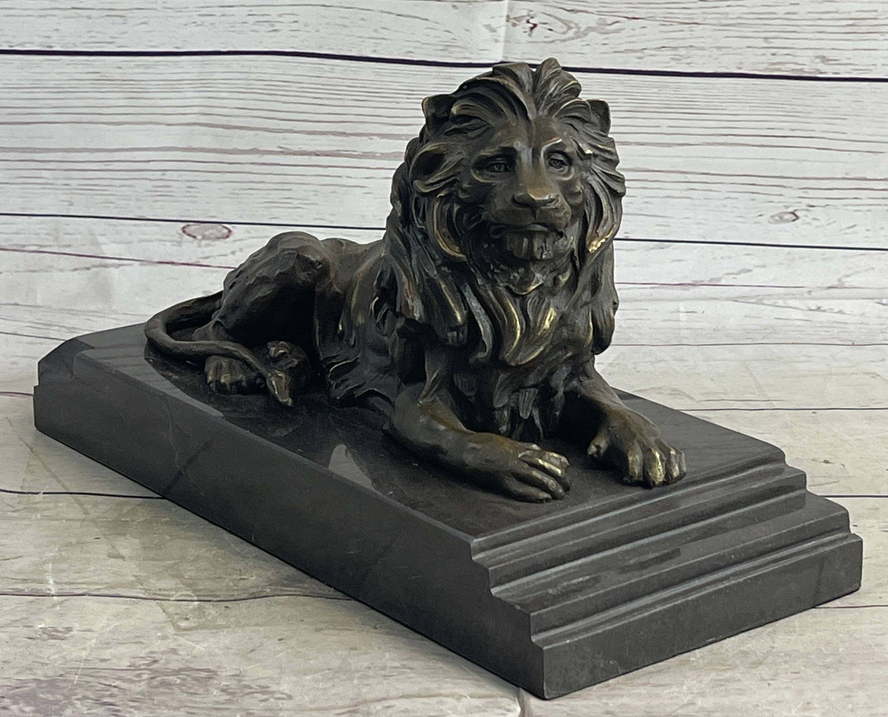 Male Guardian Lion Bronze Statue Sculpture Figure Marble Base Antoine Barye 7" x 12"
