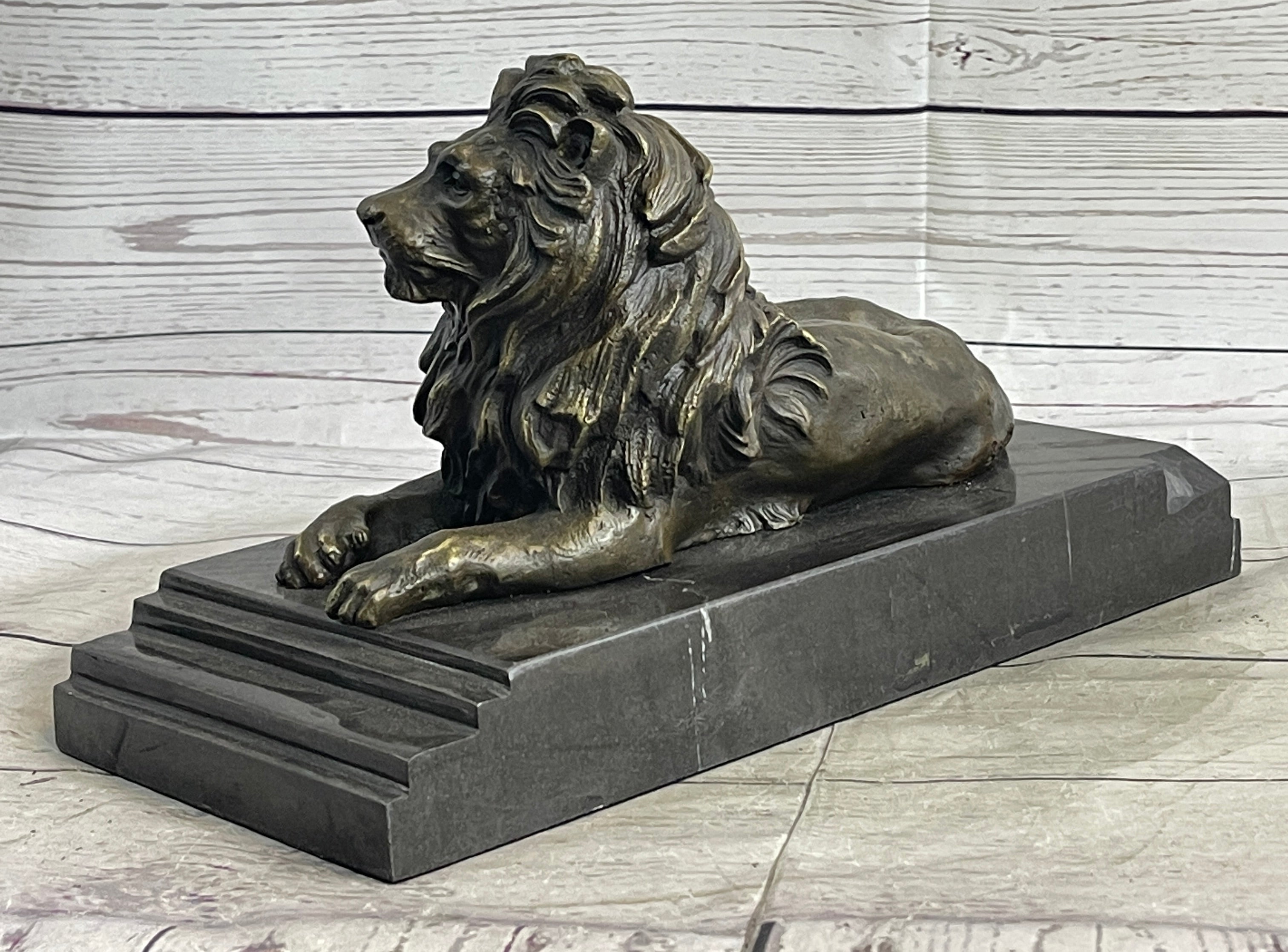 Male Guardian Lion Bronze Statue Sculpture Figure Marble Base Antoine Barye 7" x 12"