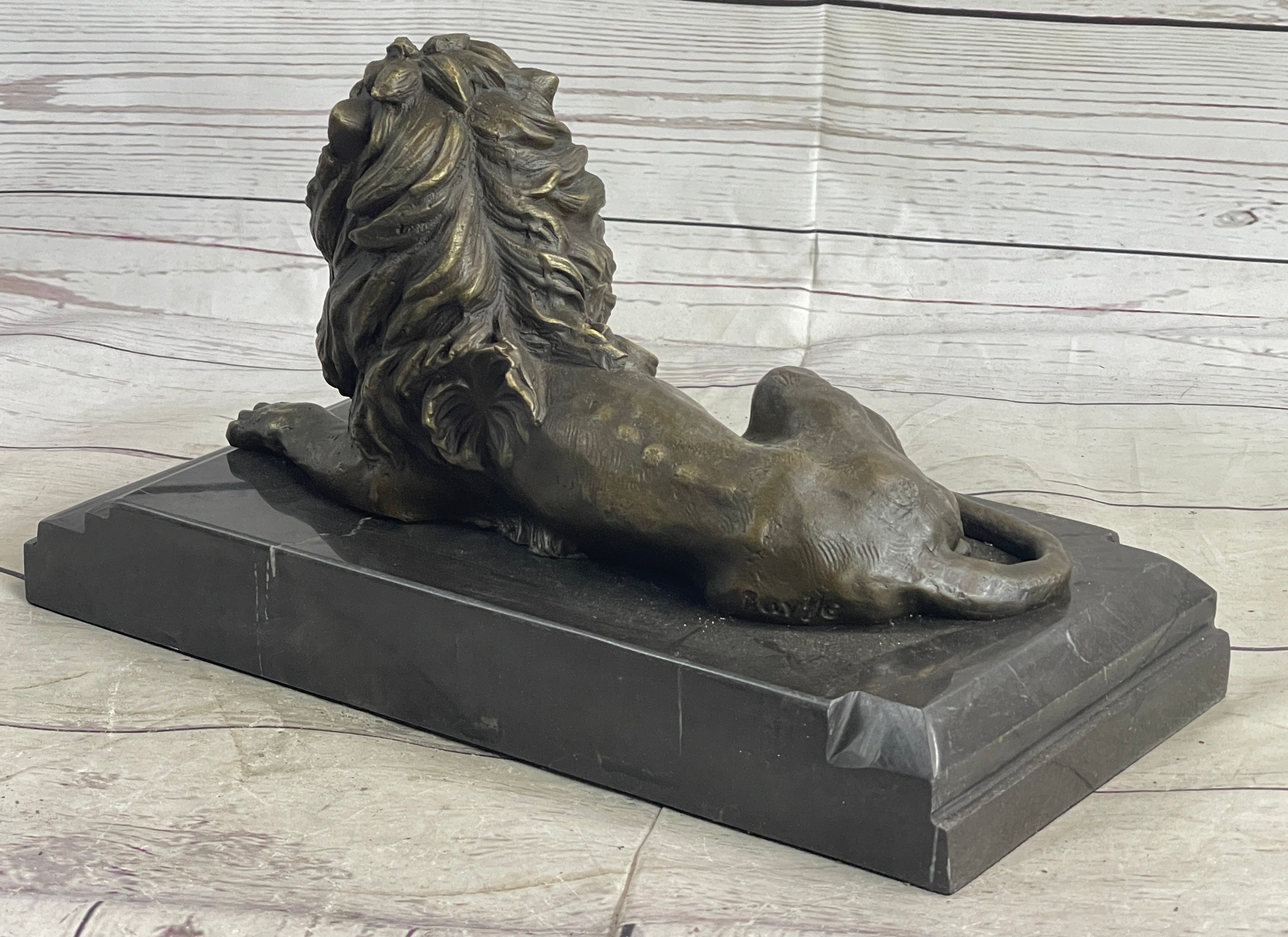 Male Guardian Lion Bronze Statue Sculpture Figure Marble Base Antoine Barye 7" x 12"