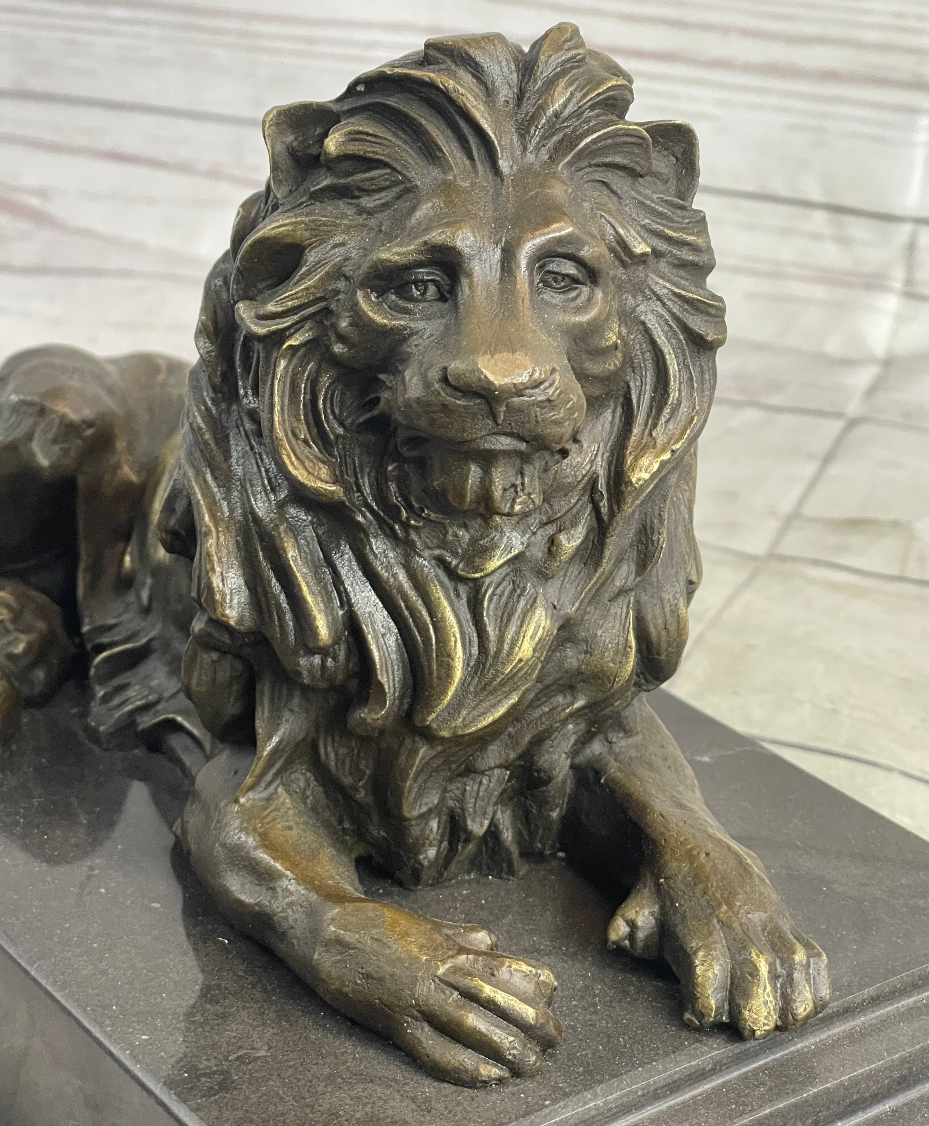 Male Guardian Lion Bronze Statue Sculpture Figure Marble Base Antoine Barye 7" x 12"