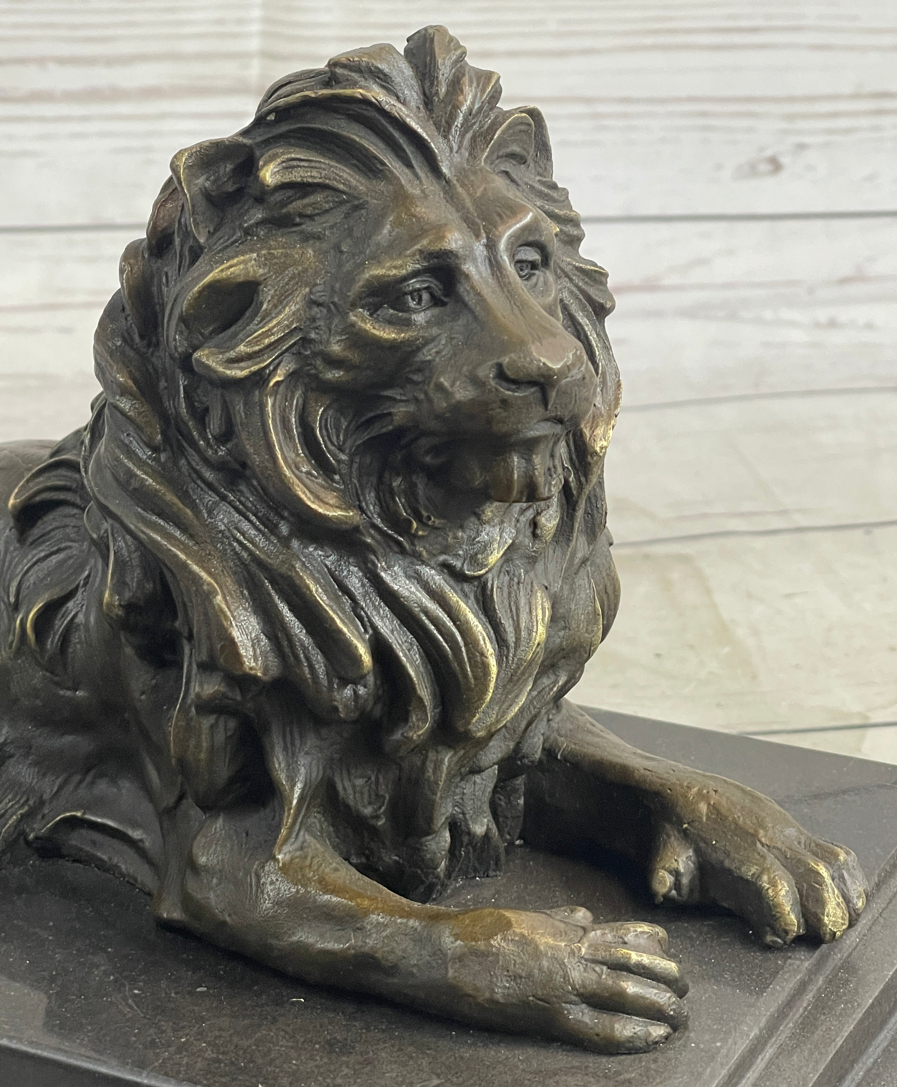 Male Guardian Lion Bronze Statue Sculpture Figure Marble Base Antoine Barye 7" x 12"