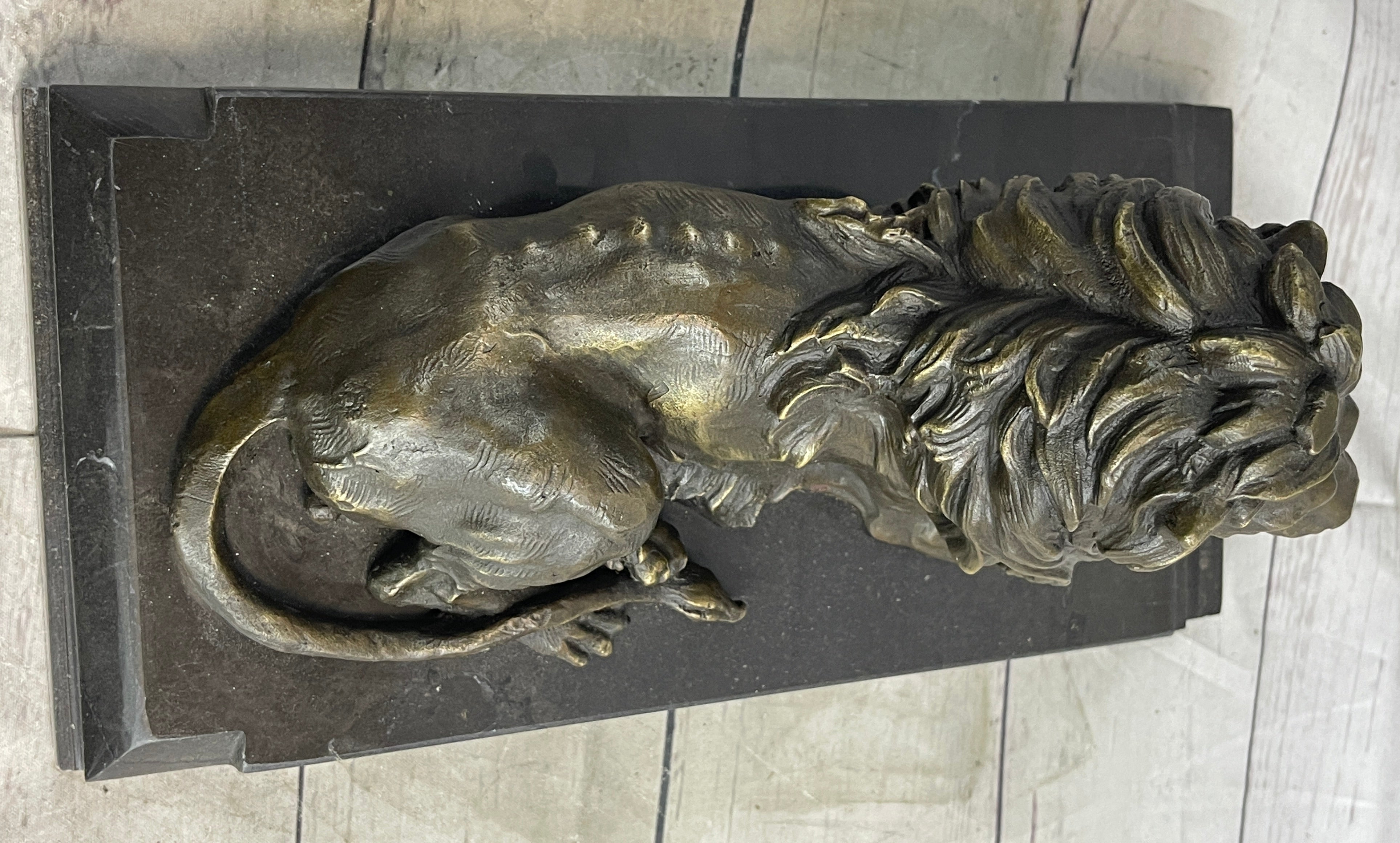 Male Guardian Lion Bronze Statue Sculpture Figure Marble Base Antoine Barye 7" x 12"