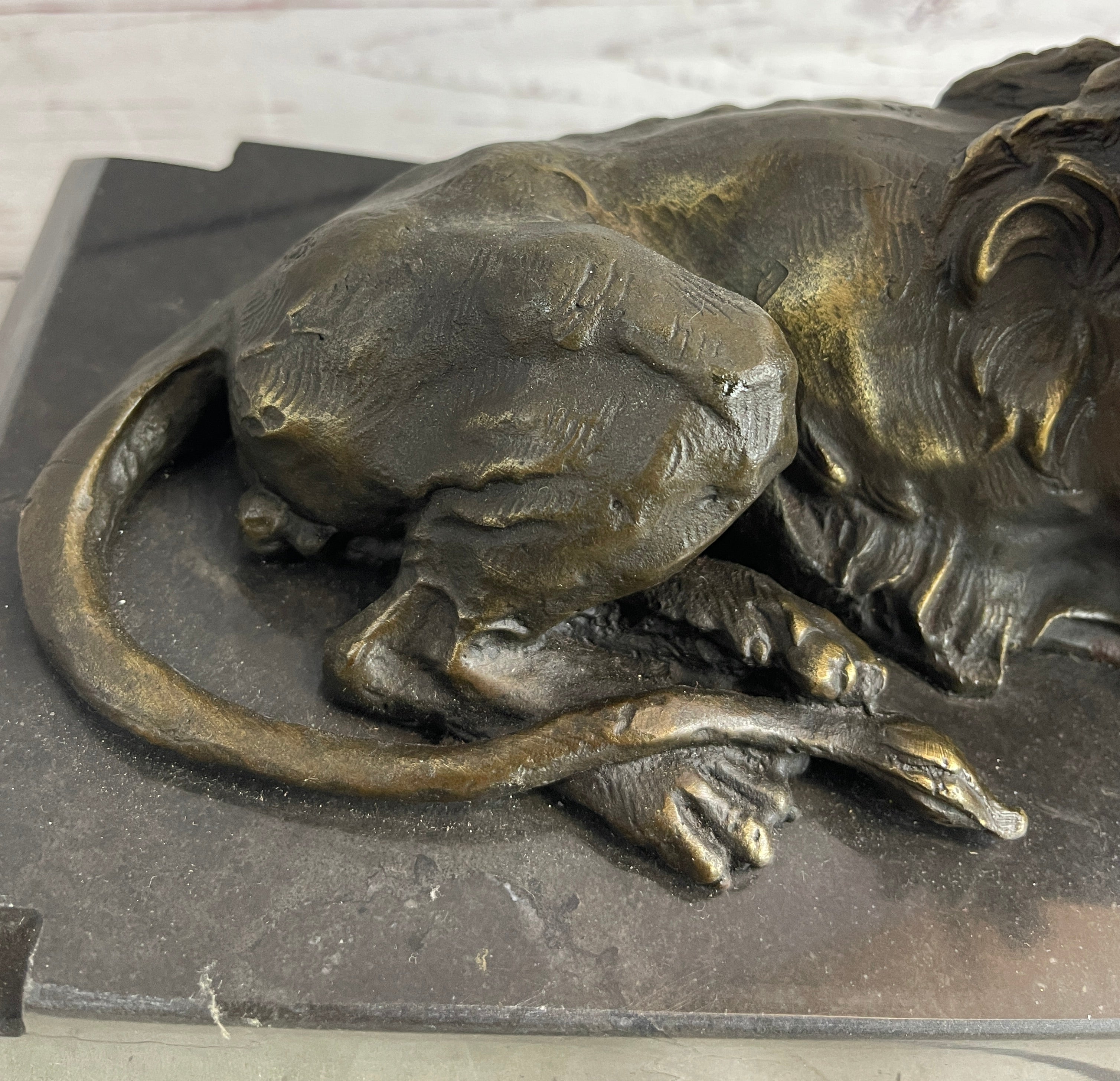 Male Guardian Lion Bronze Statue Sculpture Figure Marble Base Antoine Barye 7" x 12"