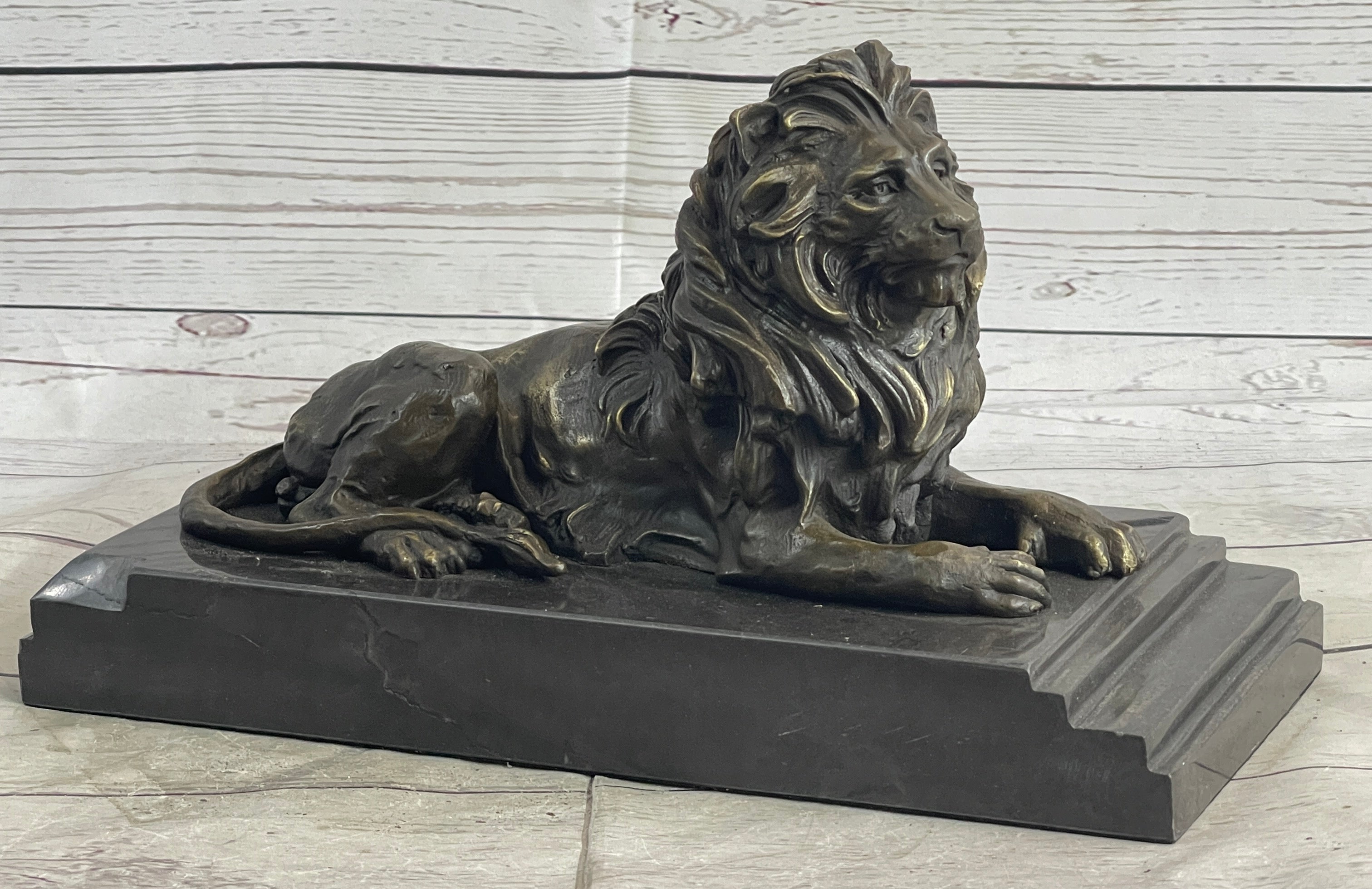 Male Guardian Lion Bronze Statue Sculpture Figure Marble Base Antoine Barye 7" x 12"