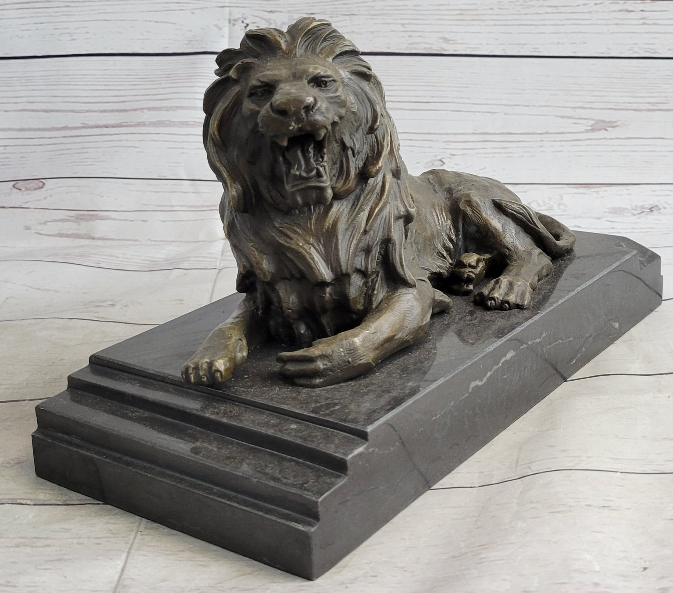 Antoine Barye Recumbent Guardian Lion; Classic Bronze Sculpture on Marble Base