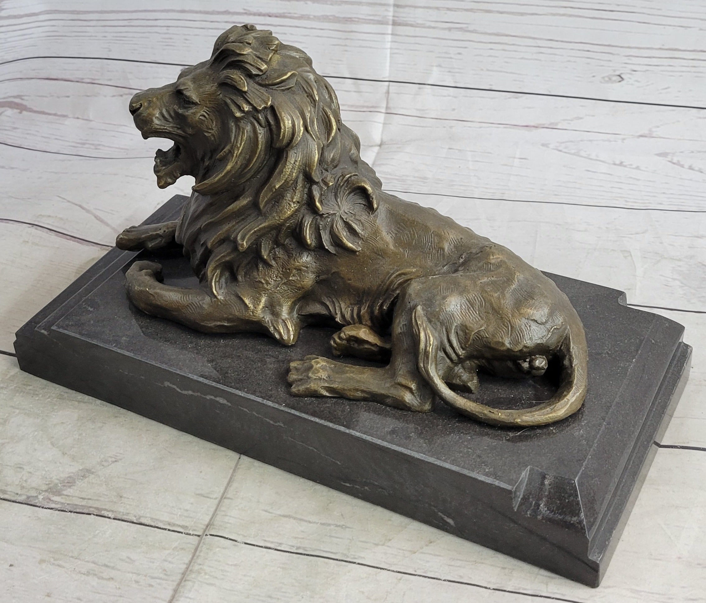Antoine Barye Recumbent Guardian Lion; Classic Bronze Sculpture on Marble Base