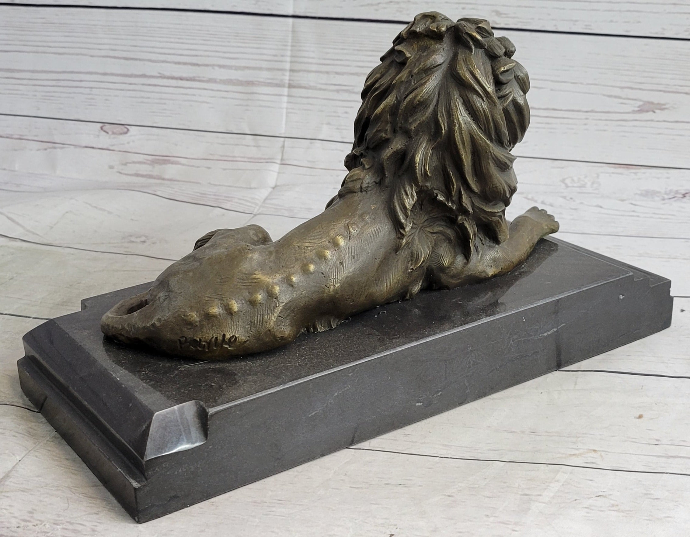 Antoine Barye Recumbent Guardian Lion; Classic Bronze Sculpture on Marble Base