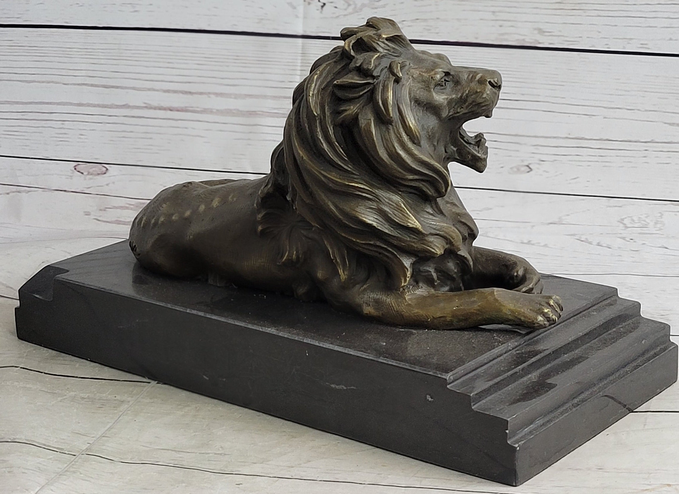 Antoine Barye Recumbent Guardian Lion; Classic Bronze Sculpture on Marble Base