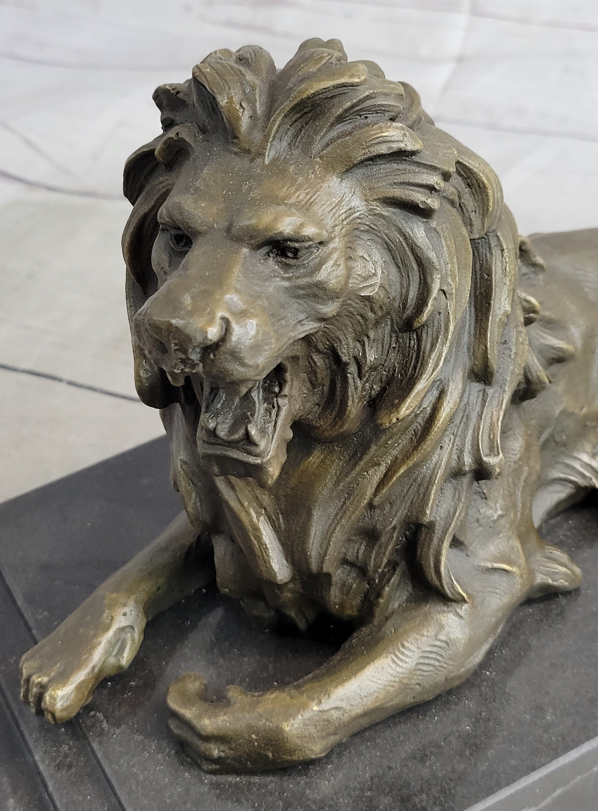 Antoine Barye Recumbent Guardian Lion; Classic Bronze Sculpture on Marble Base