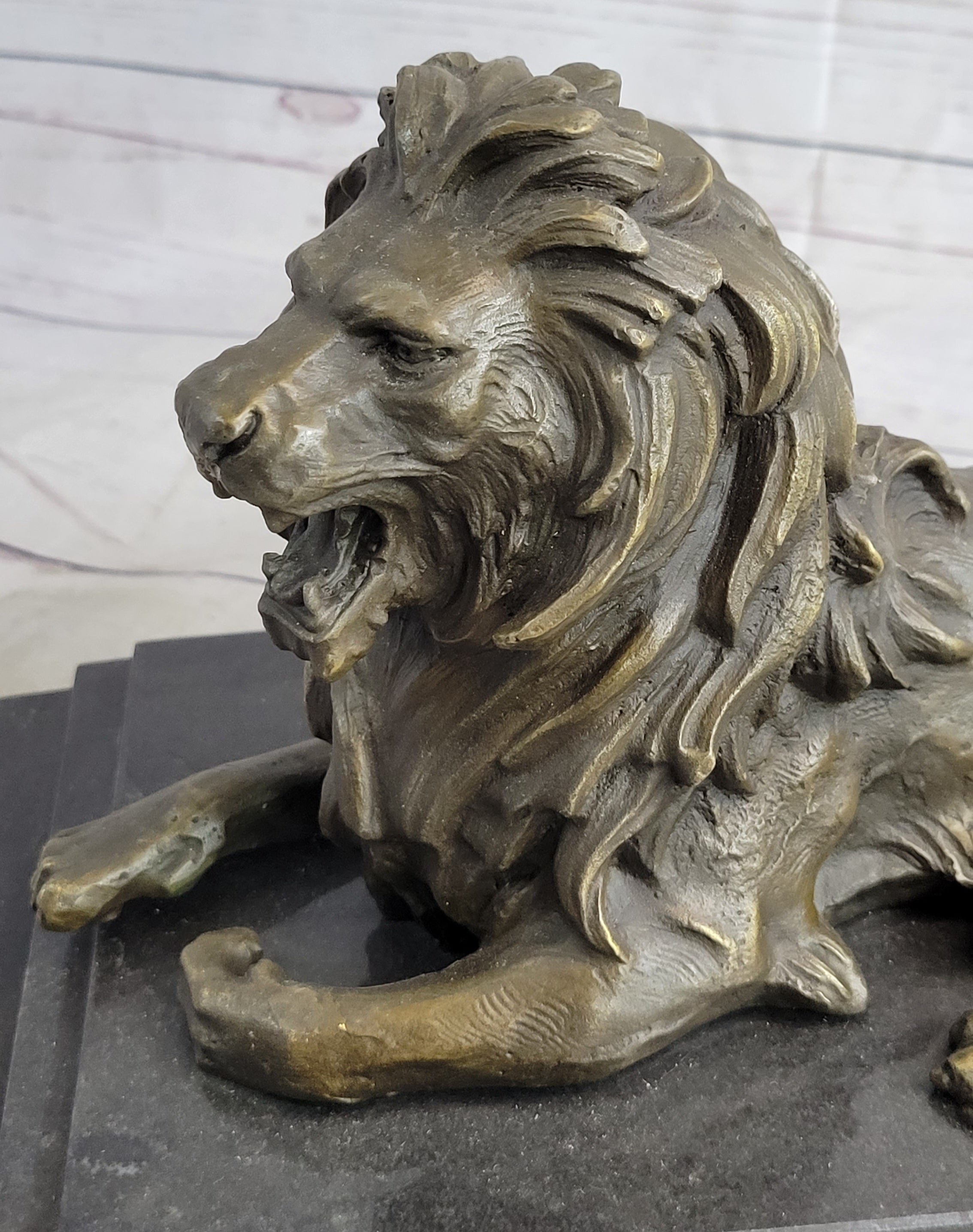 Antoine Barye Recumbent Guardian Lion; Classic Bronze Sculpture on Marble Base