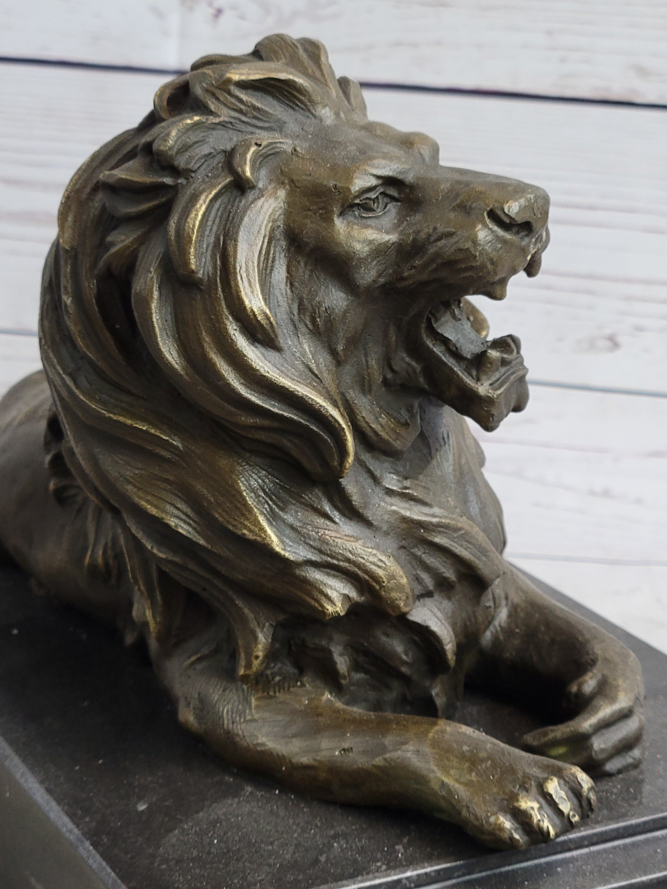 Antoine Barye Recumbent Guardian Lion; Classic Bronze Sculpture on Marble Base