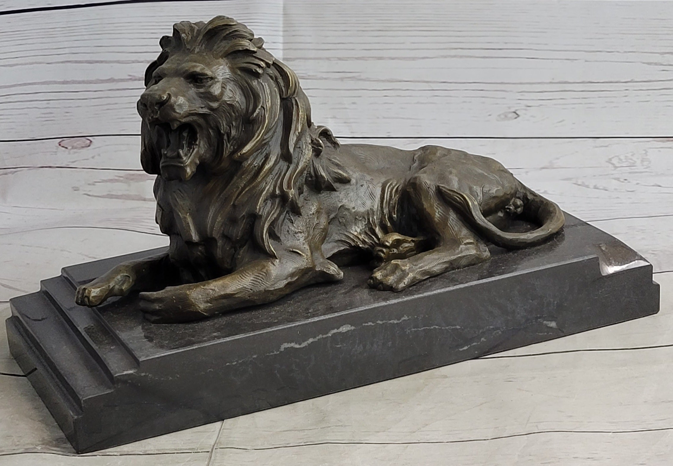 Antoine Barye Recumbent Guardian Lion; Classic Bronze Sculpture on Marble Base