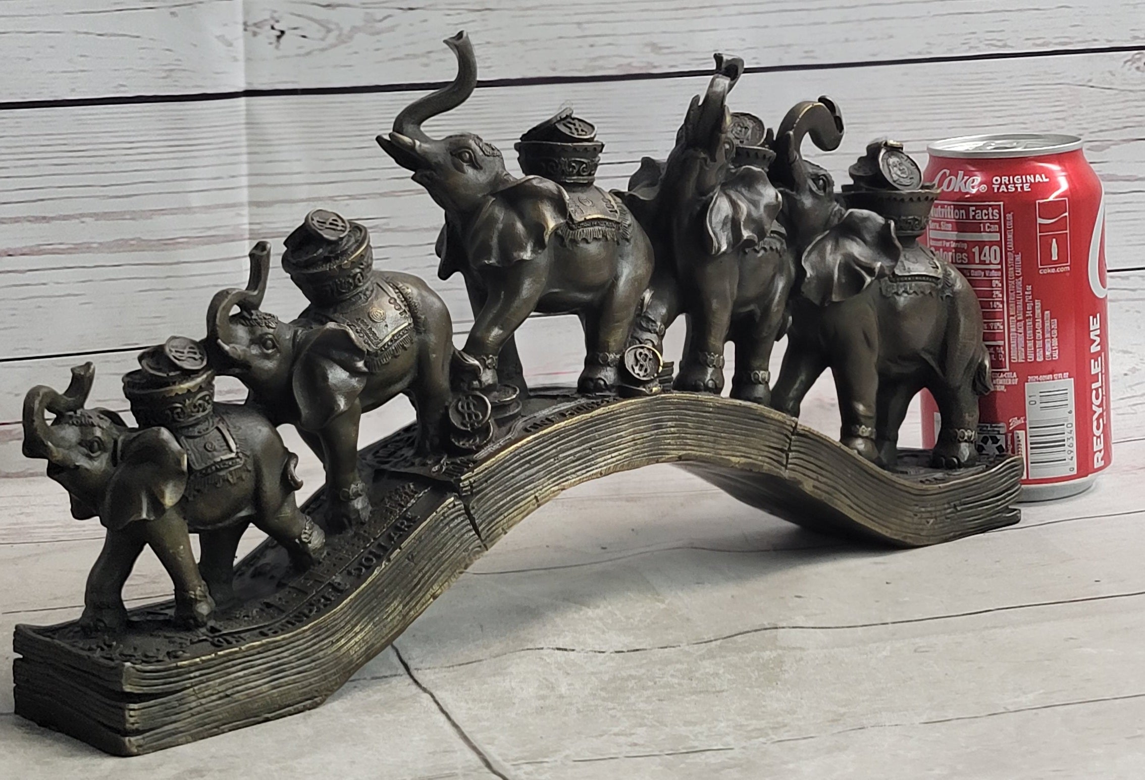 Elephants Crossing Bridge Carrying Money Fortune Lucky Bronze Sculpture Statue Art Decor