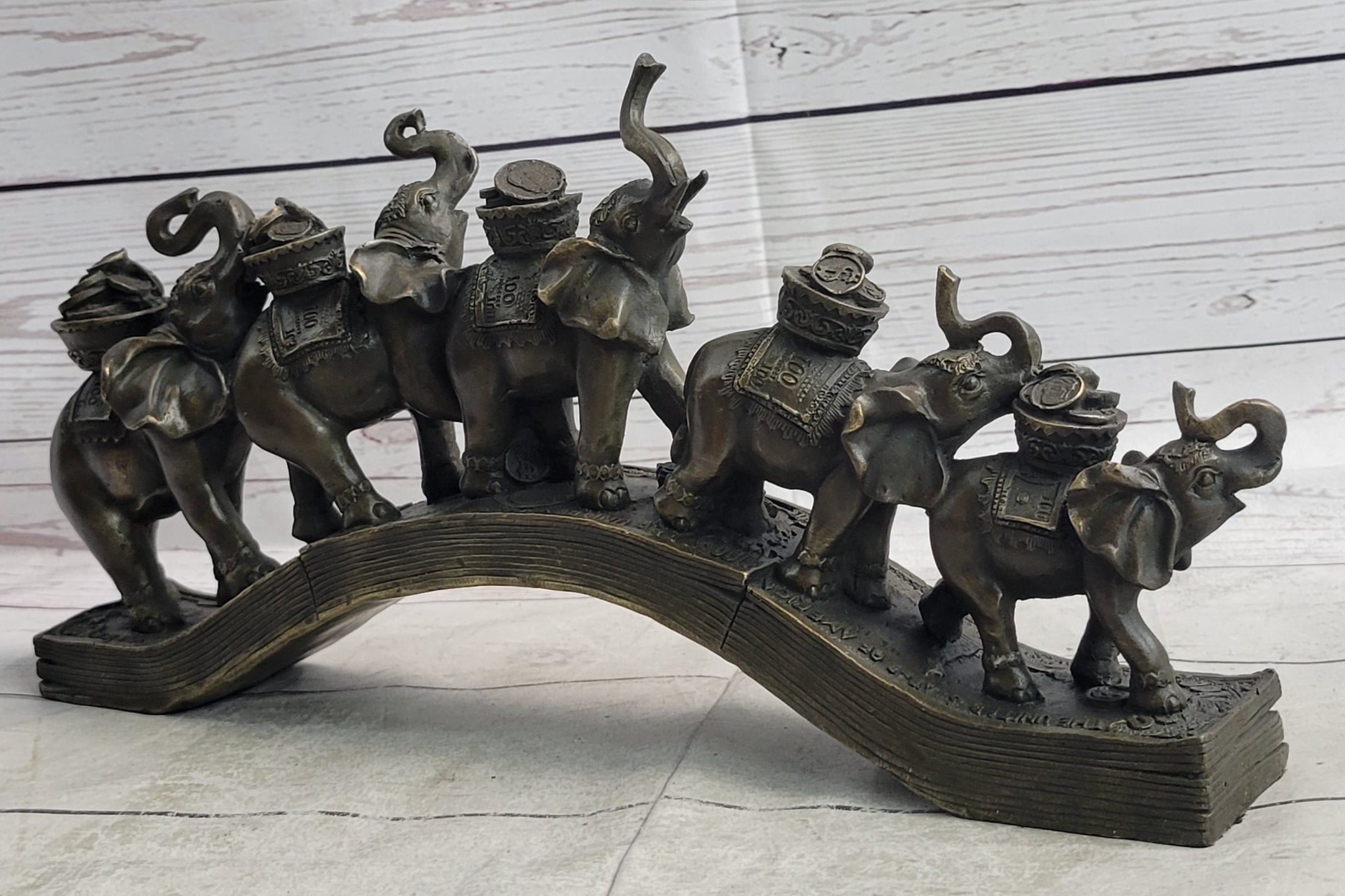 Elephants Crossing Bridge Carrying Money Fortune Lucky Bronze Sculpture Statue Art Decor