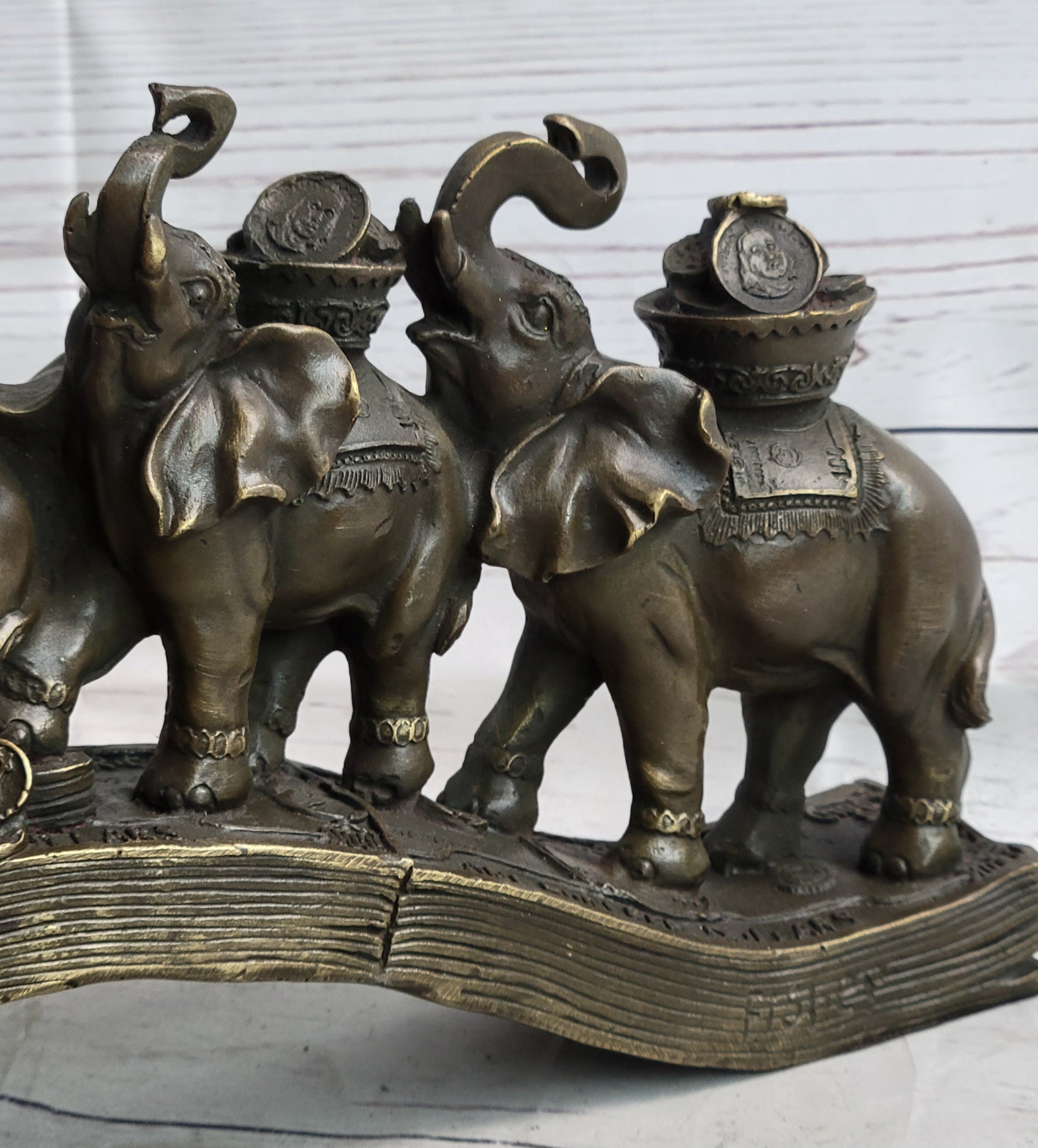 Elephants Crossing Bridge Carrying Money Fortune Lucky Bronze Sculpture Statue Art Decor