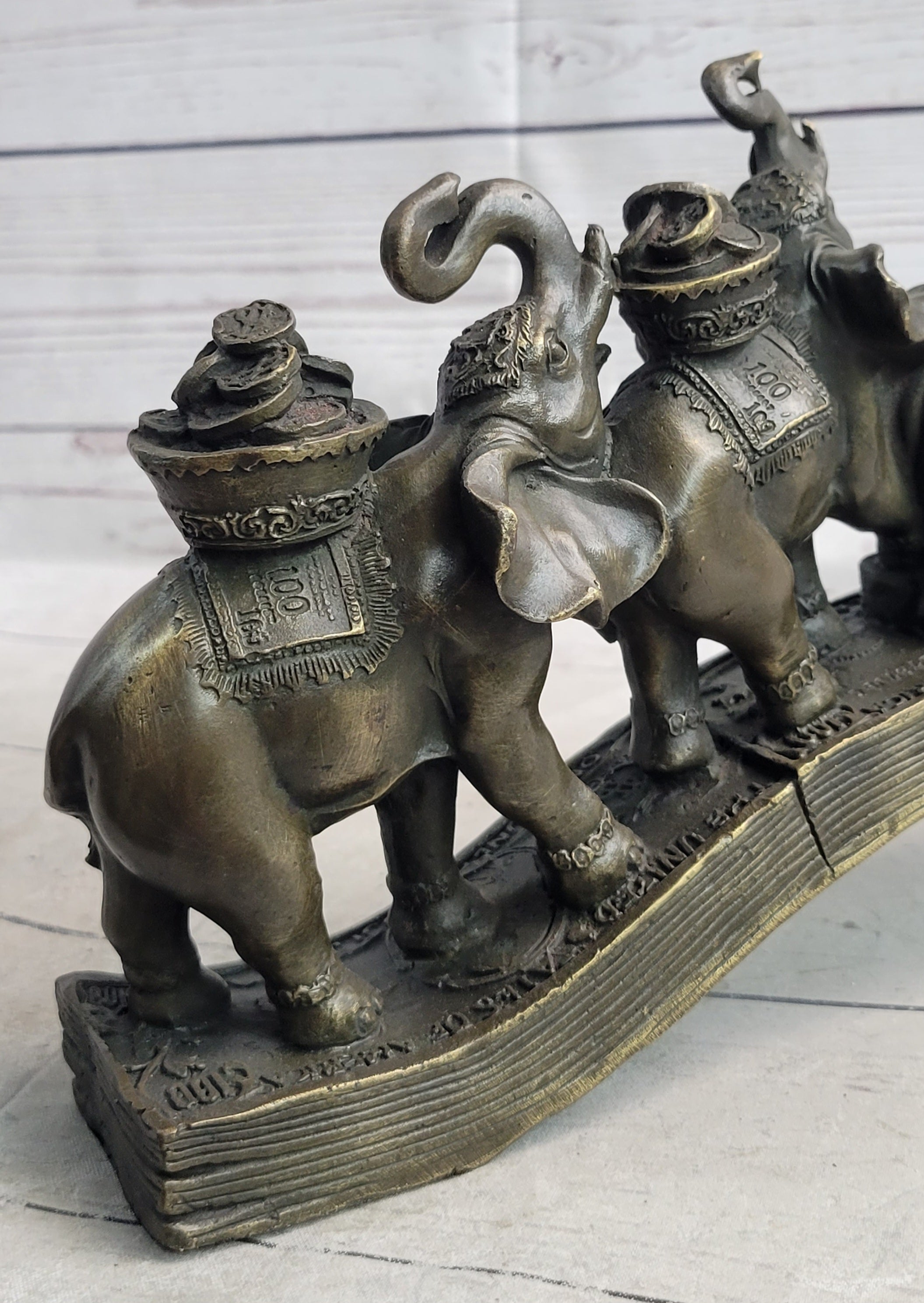 Elephants Crossing Bridge Carrying Money Fortune Lucky Bronze Sculpture Statue Art Decor