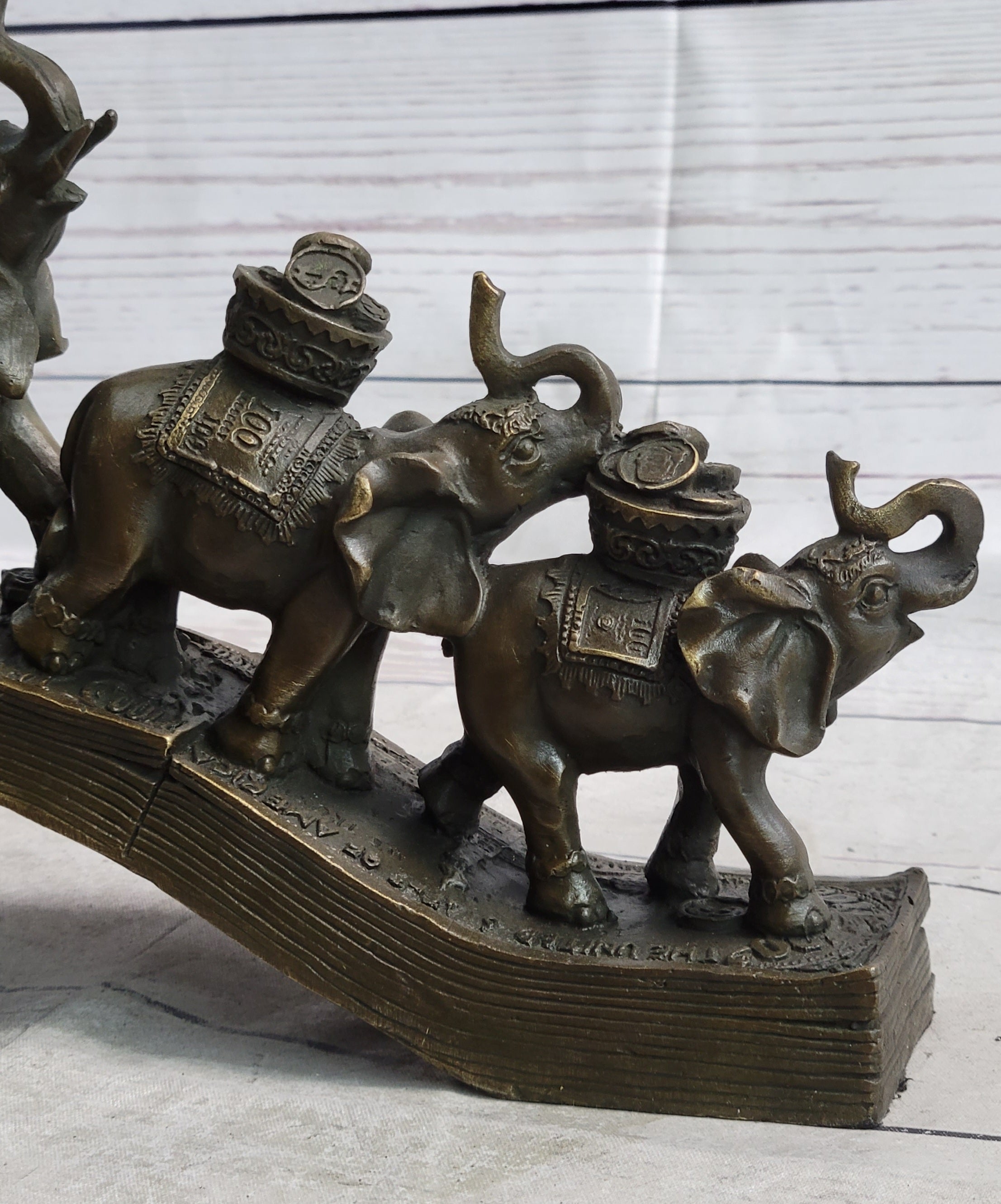 Elephants Crossing Bridge Carrying Money Fortune Lucky Bronze Sculpture Statue Art Decor