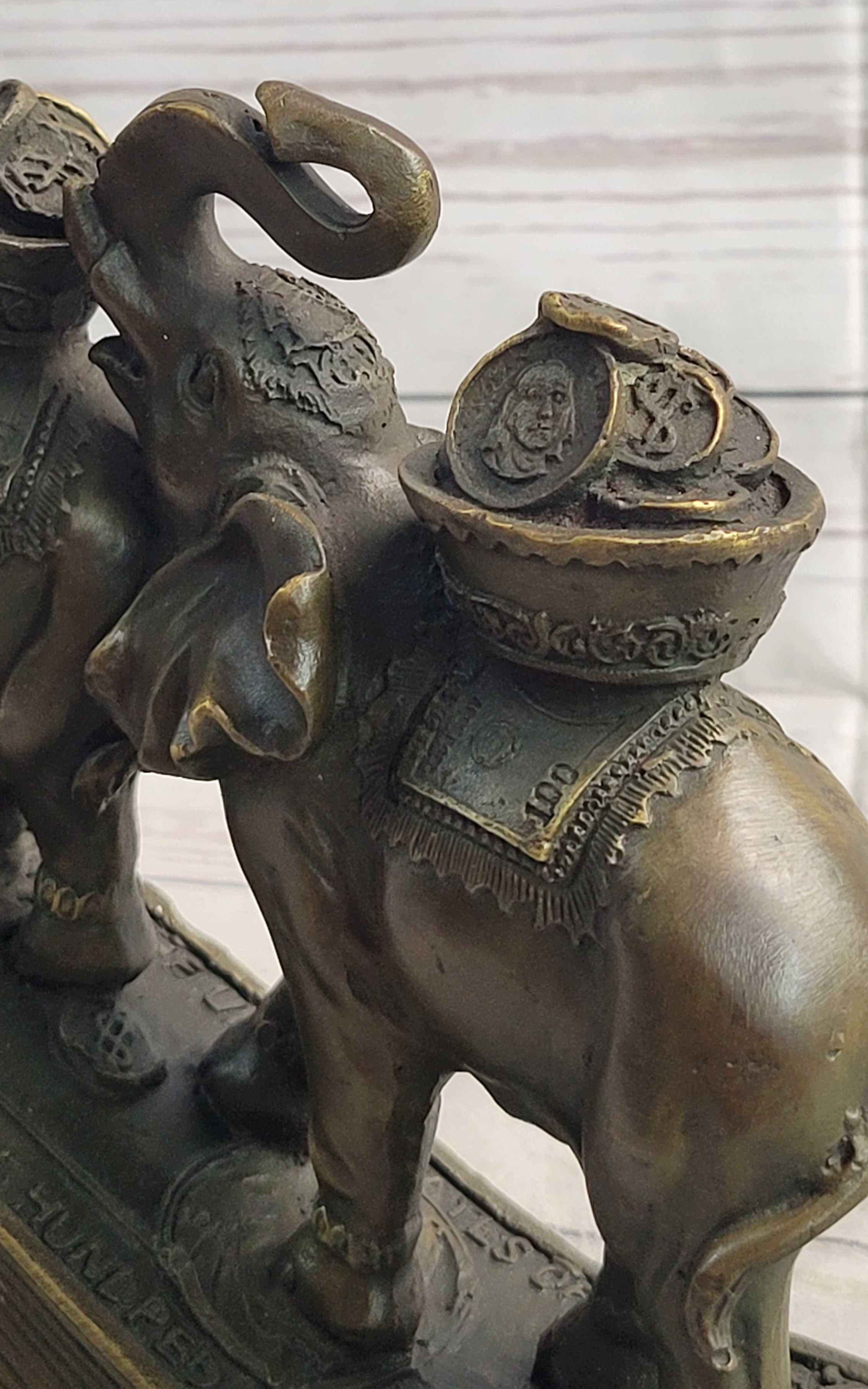 Elephants Crossing Bridge Carrying Money Fortune Lucky Bronze Sculpture Statue Art Decor