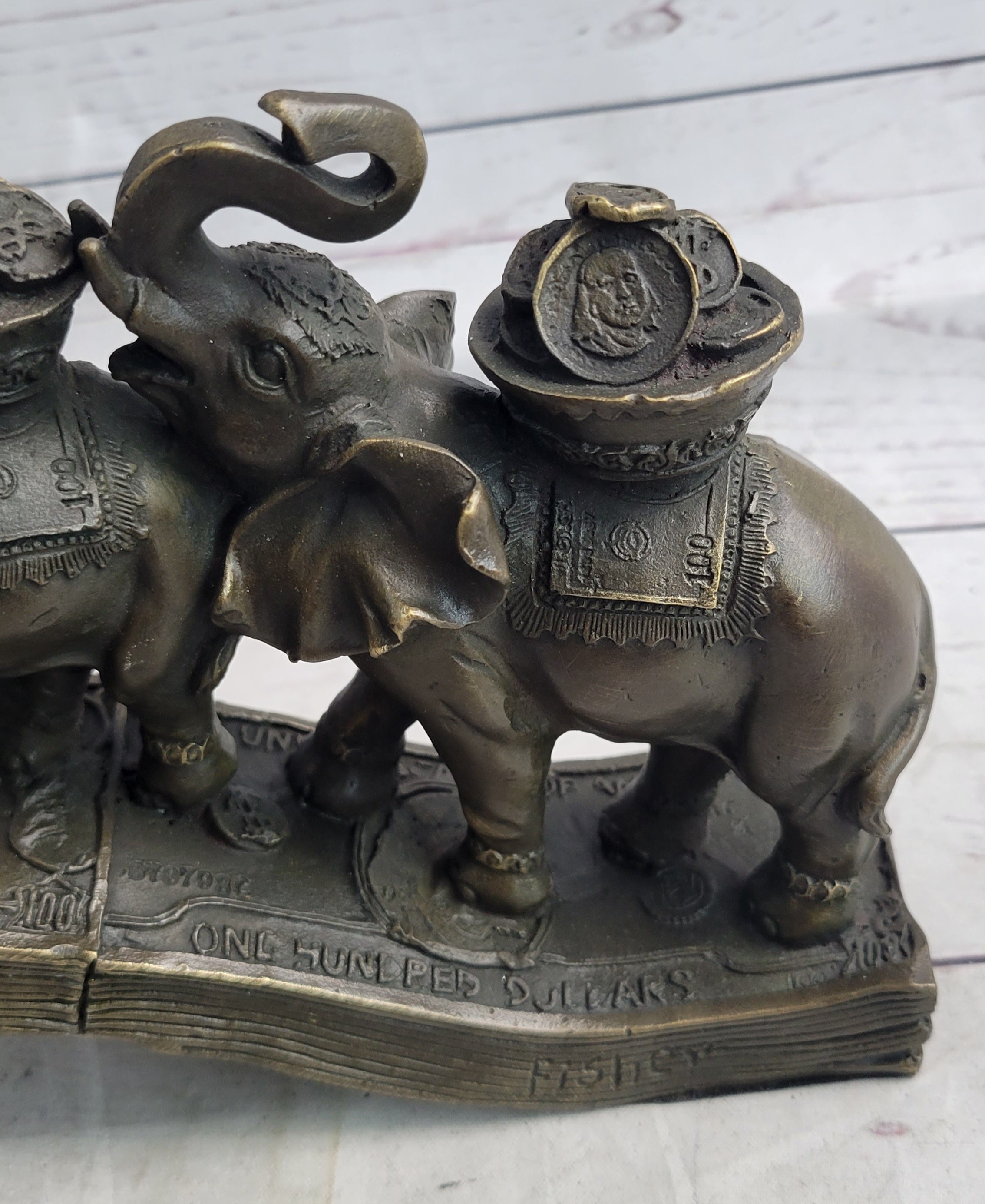Elephants Crossing Bridge Carrying Money Fortune Lucky Bronze Sculpture Statue Art Decor