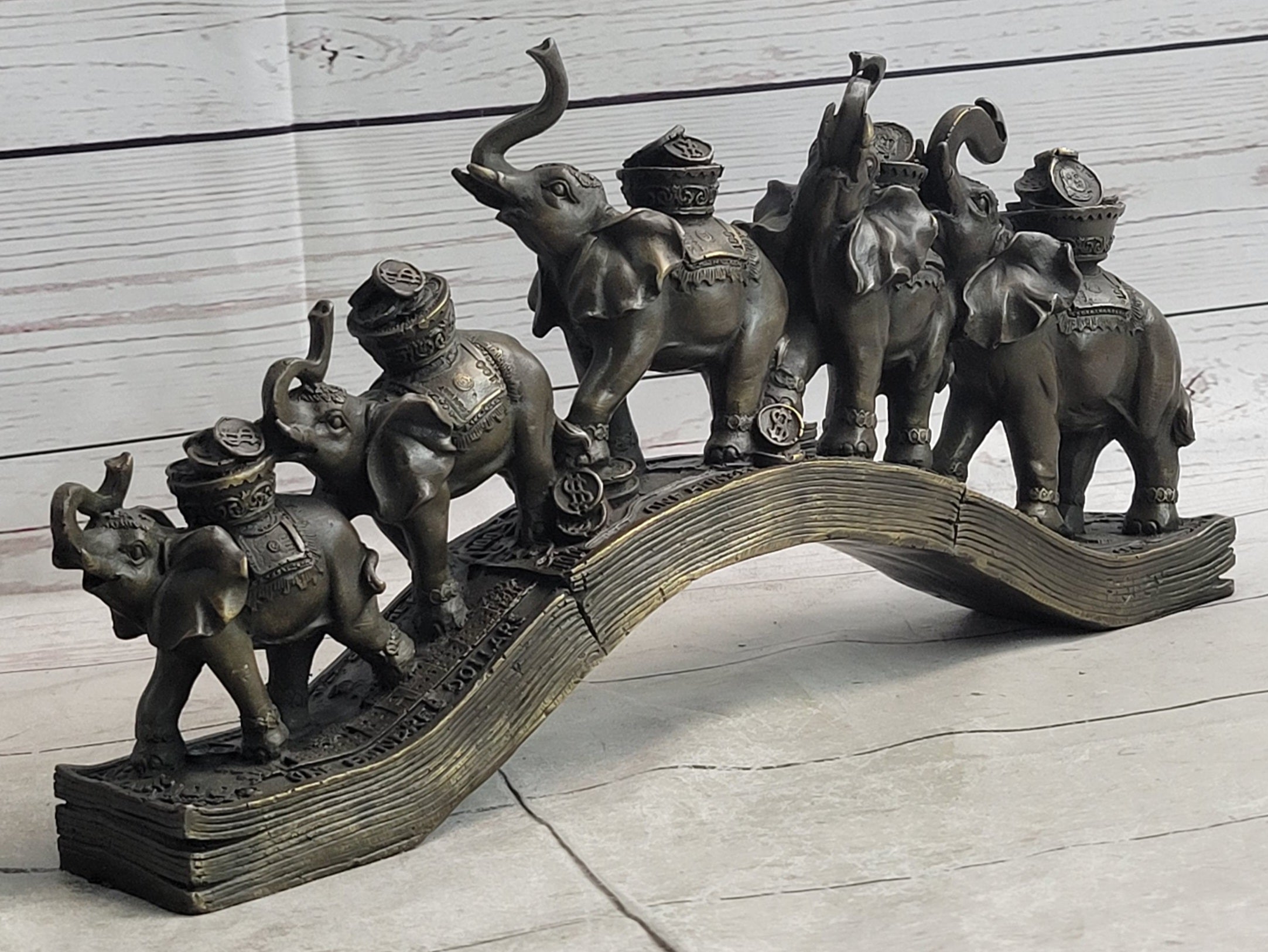 Elephants Crossing Bridge Carrying Money Fortune Lucky Bronze Sculpture Statue Art Decor