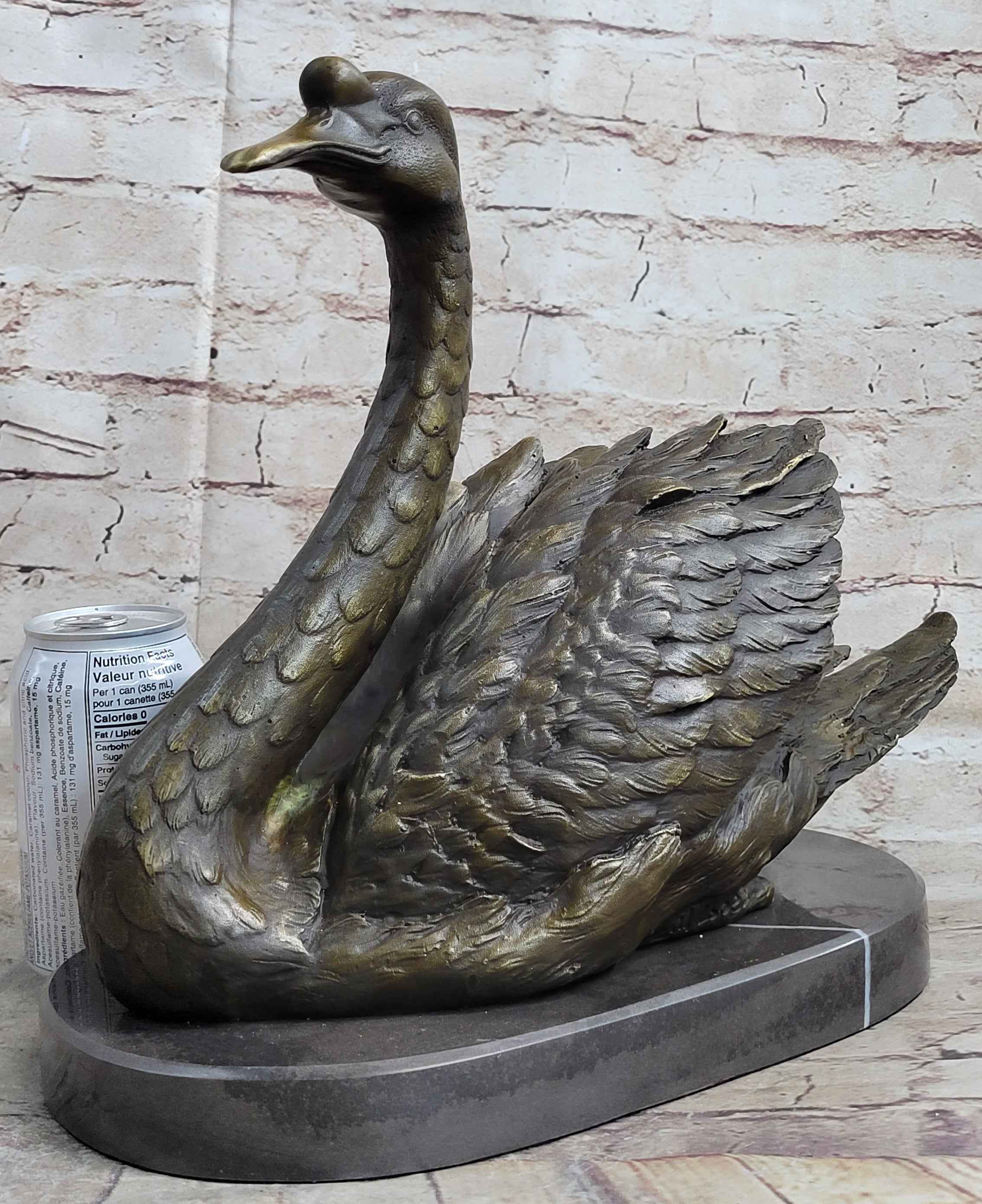 Bronze Metal Swan Bird Sculpture Statue Figure Decor on Marble Base Signed Original
