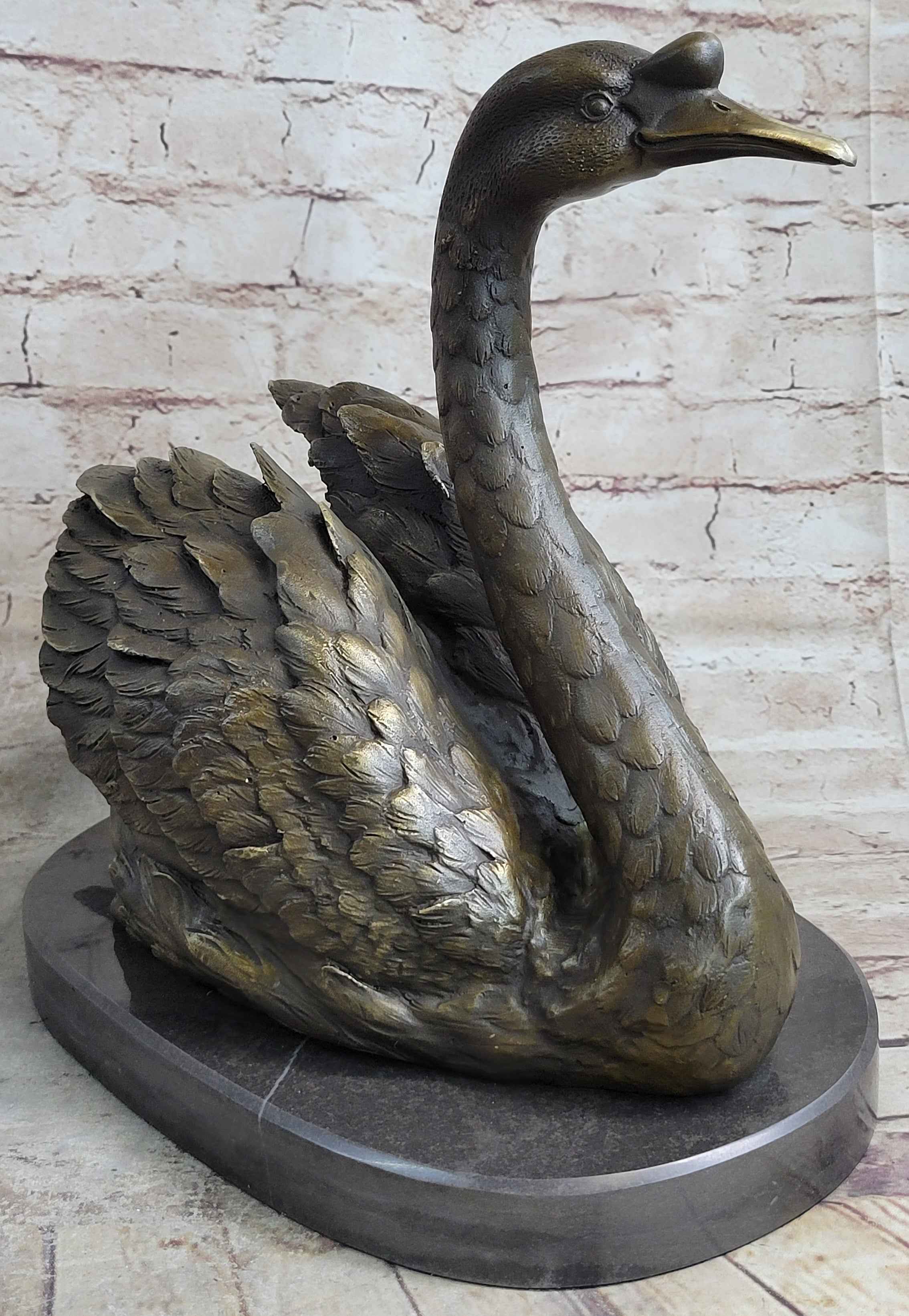 Bronze Metal Swan Bird Sculpture Statue Figure Decor on Marble Base Signed Original