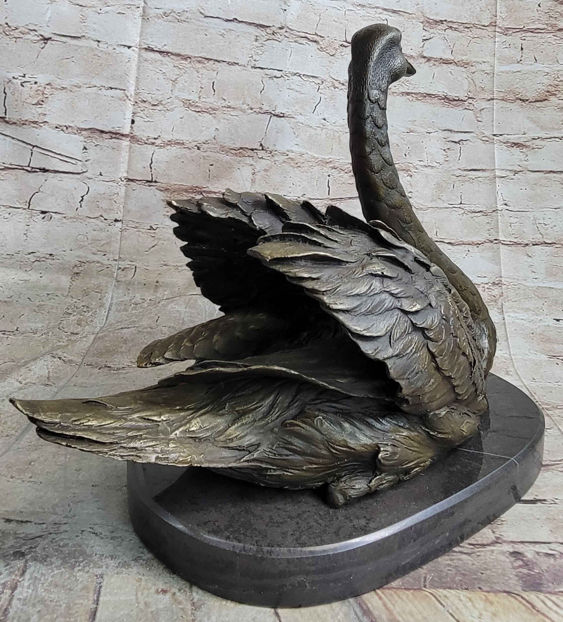 Bronze Metal Swan Bird Sculpture Statue Figure Decor on Marble Base Signed Original