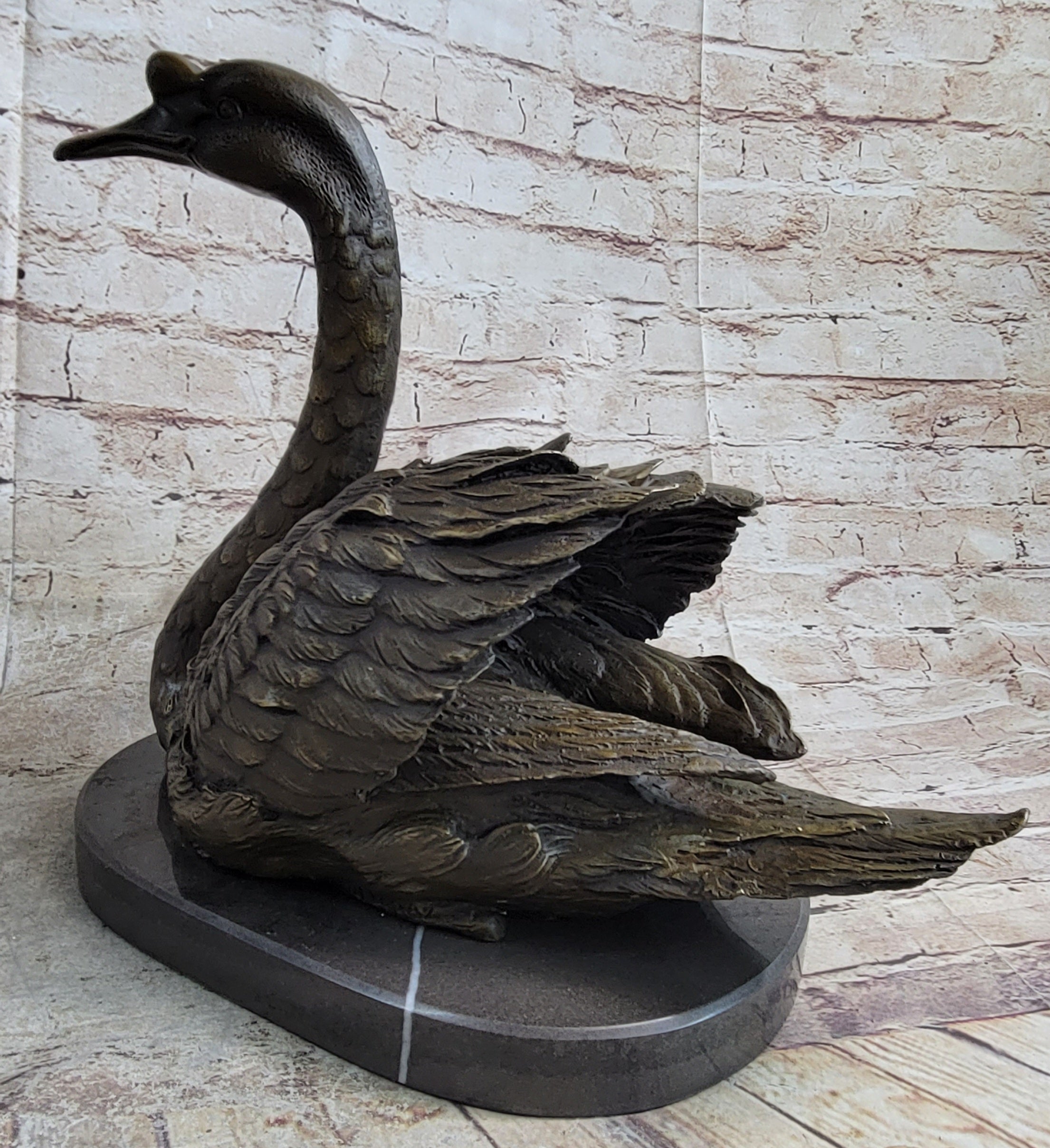 Bronze Metal Swan Bird Sculpture Statue Figure Decor on Marble Base Signed Original