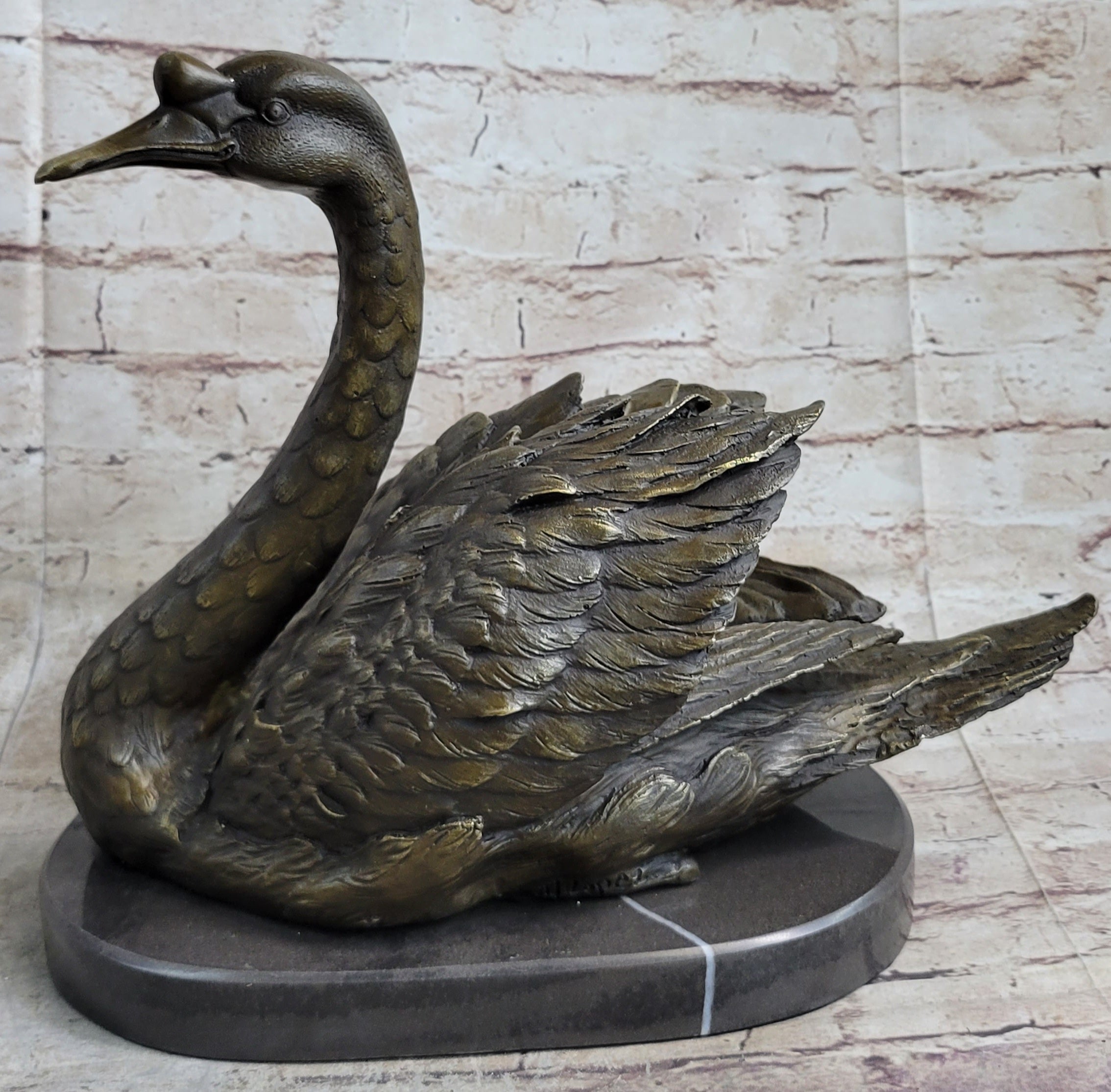 Bronze Metal Swan Bird Sculpture Statue Figure Decor on Marble Base Signed Original