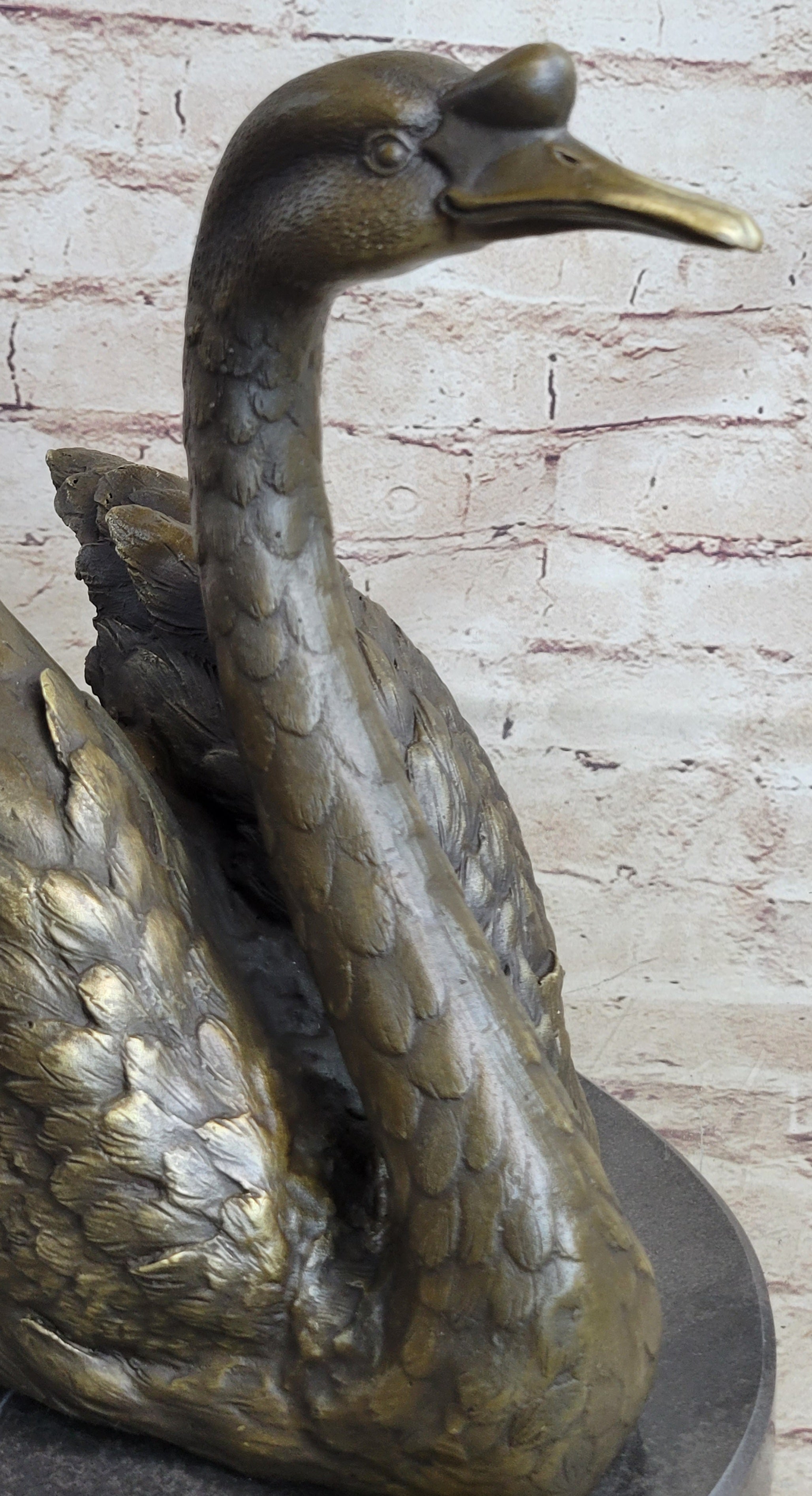 Bronze Metal Swan Bird Sculpture Statue Figure Decor on Marble Base Signed Original