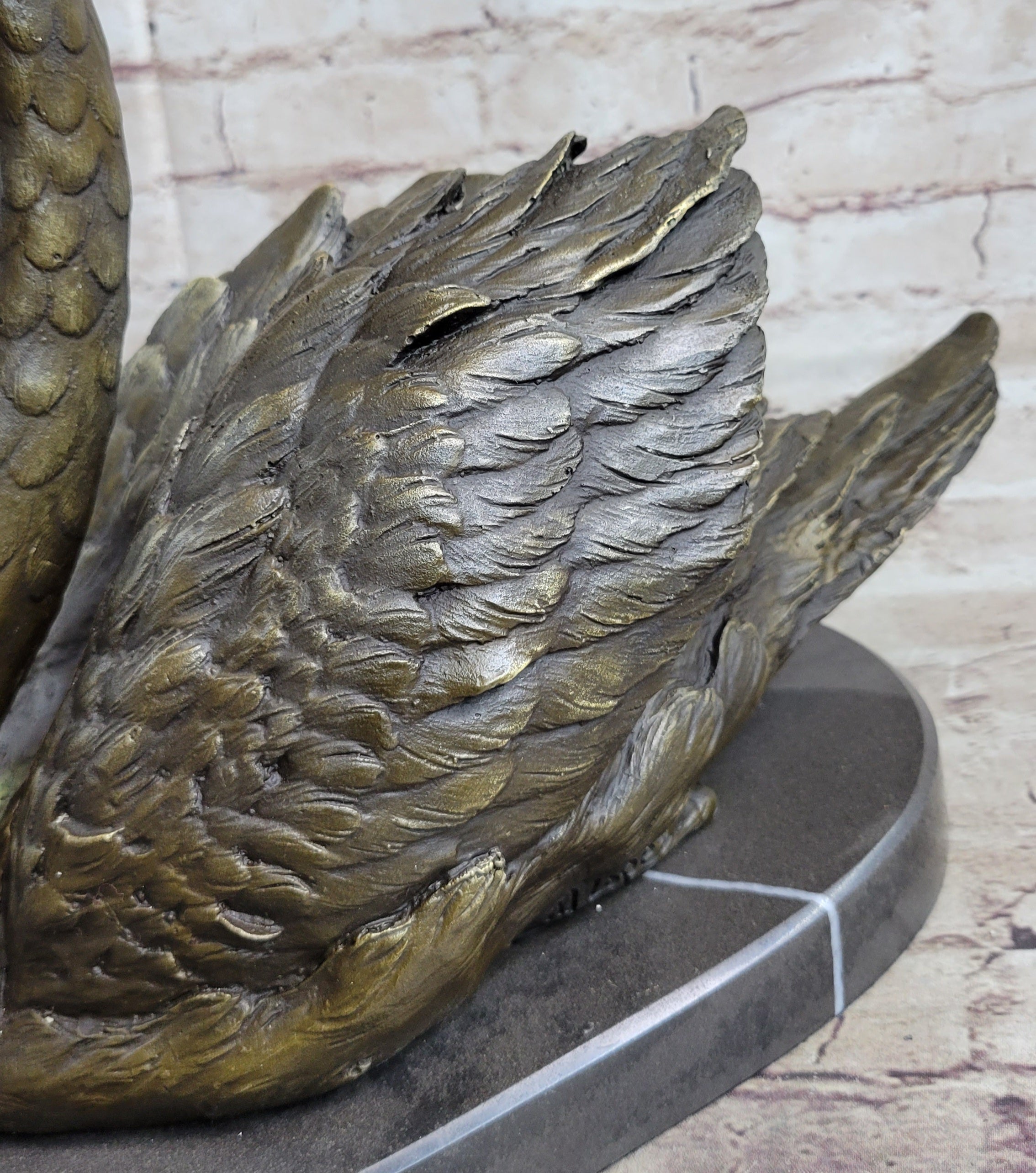 Bronze Metal Swan Bird Sculpture Statue Figure Decor on Marble Base Signed Original