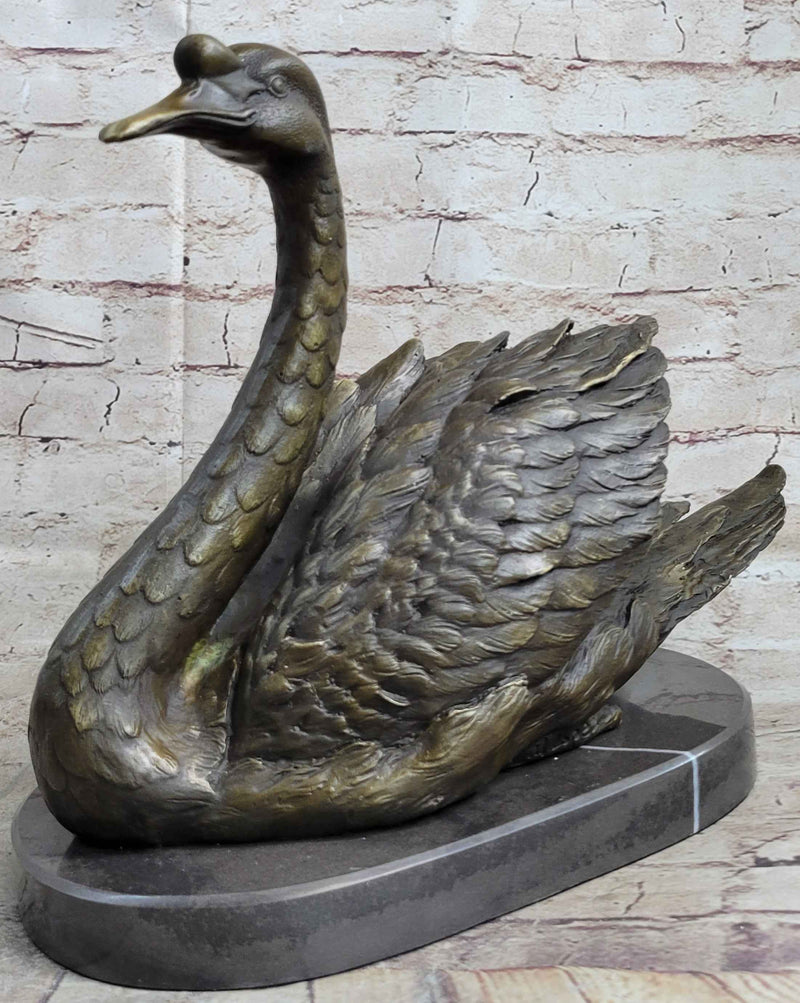 Bronze Metal Swan Bird Sculpture Statue Figure Decor on Marble Base Signed Original
