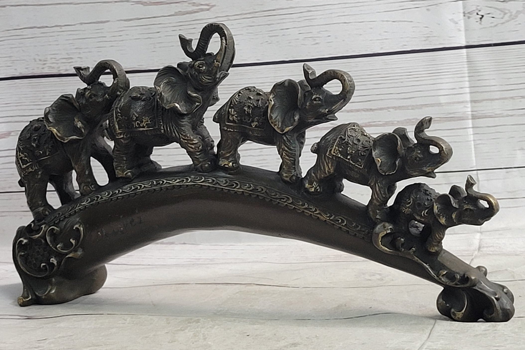 Pride of Elephants on a Bridge Bronze Metal Statue Sculpture Figures Original Art