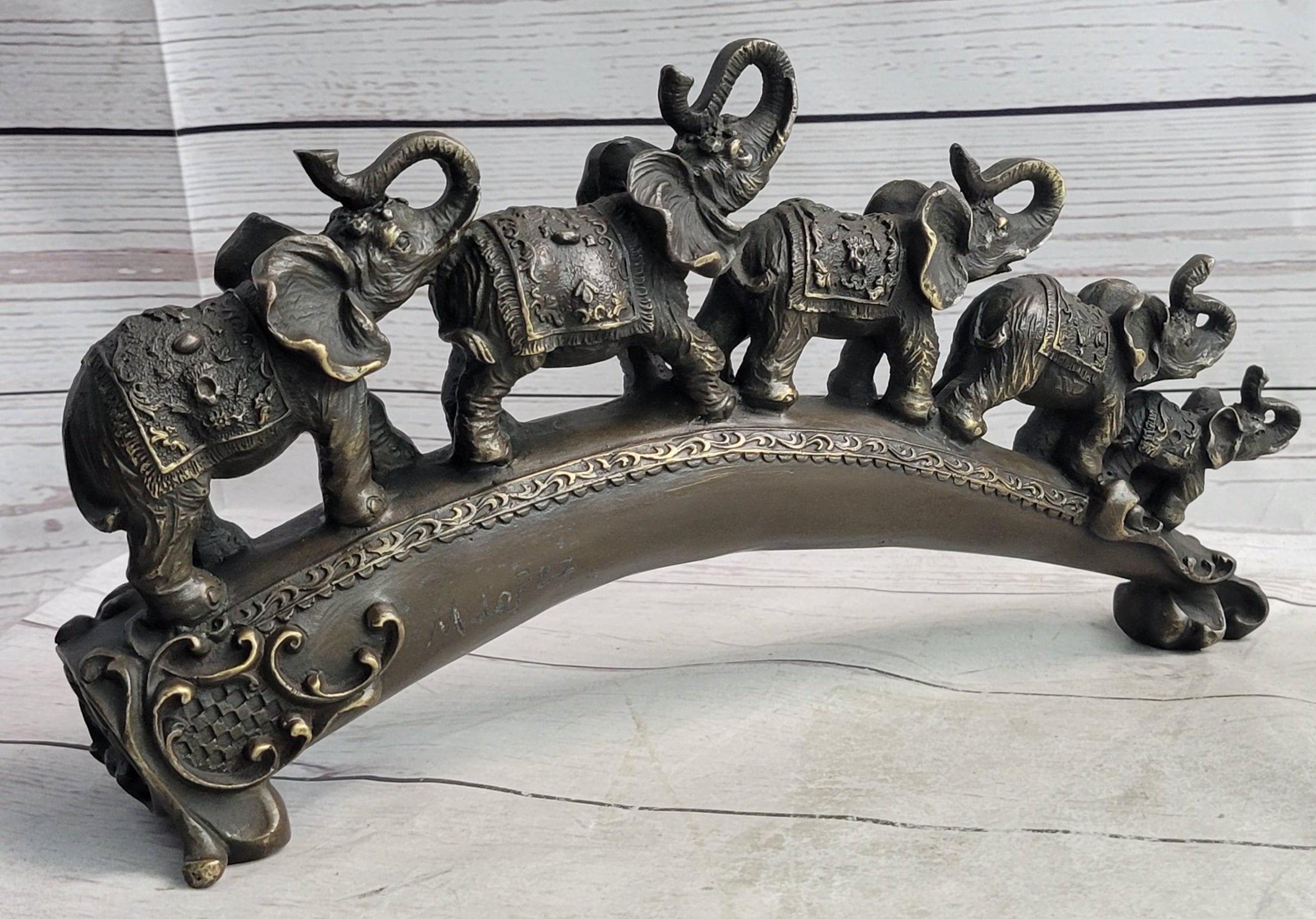 Pride of Elephants on a Bridge Bronze Metal Statue Sculpture Figures Original Art
