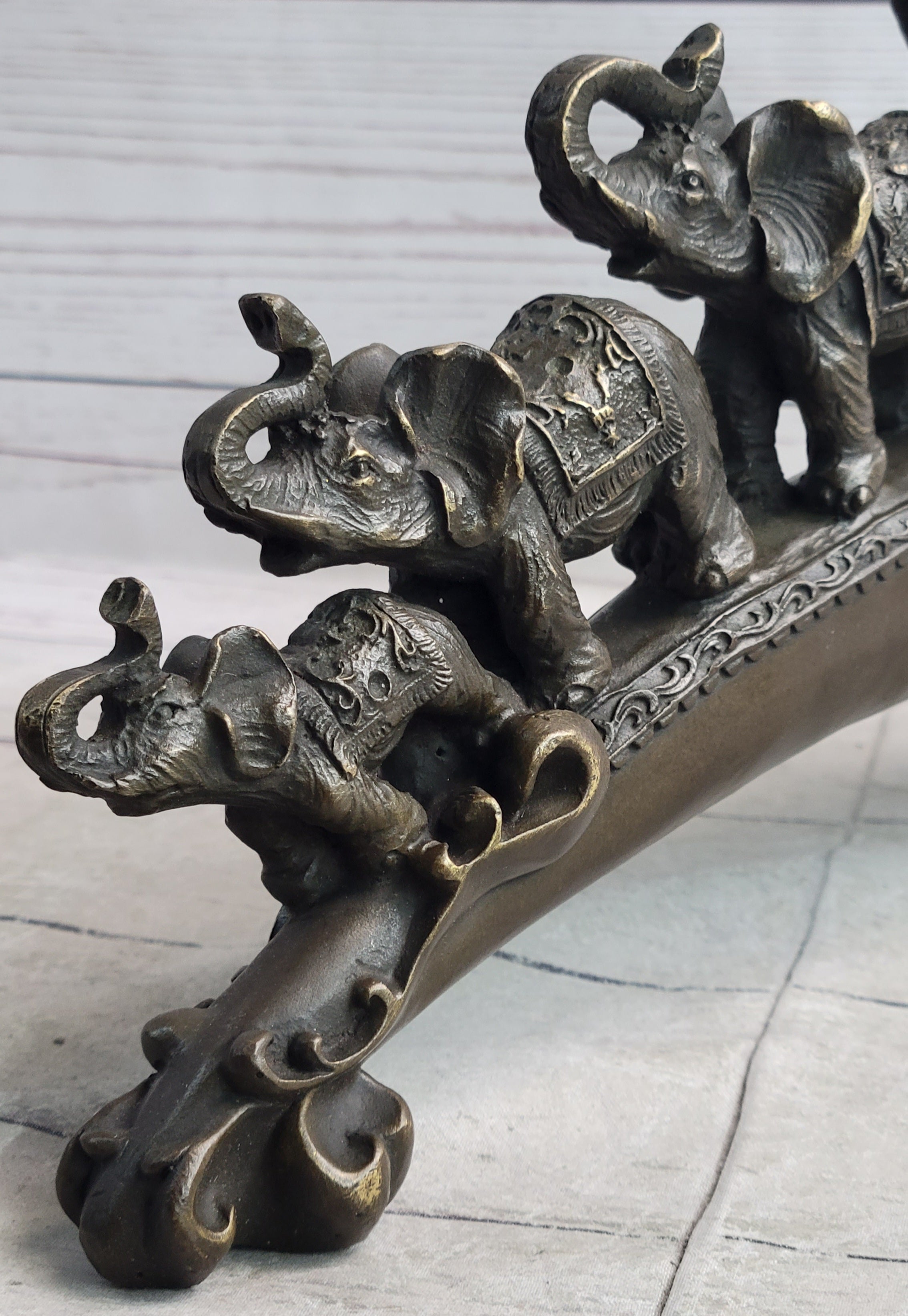 Pride of Elephants on a Bridge Bronze Metal Statue Sculpture Figures Original Art