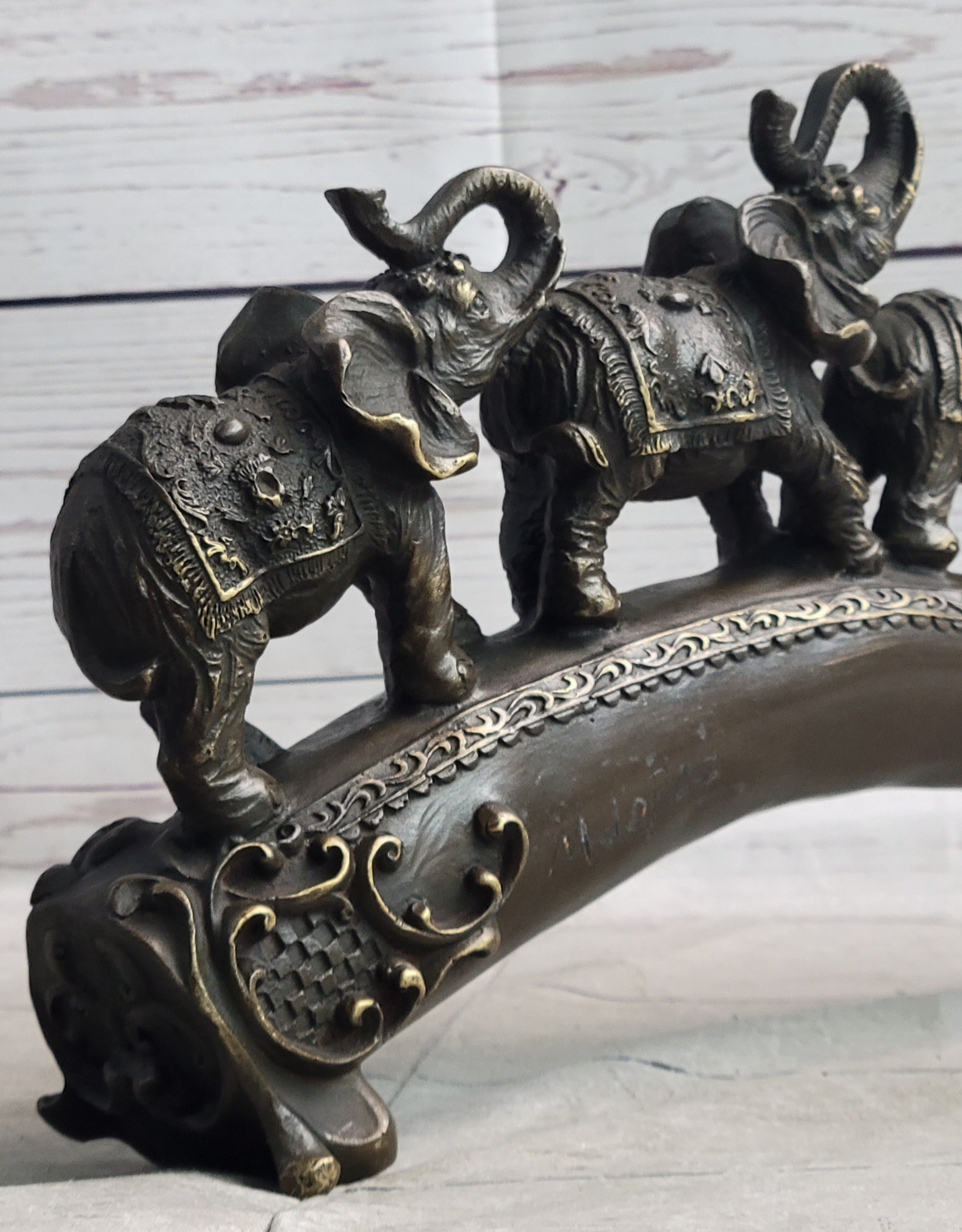Pride of Elephants on a Bridge Bronze Metal Statue Sculpture Figures Original Art