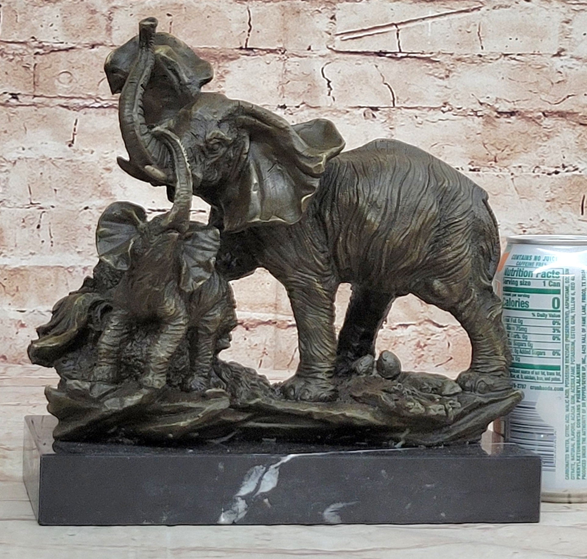 Mother Elephant & Calf Bronze Statue Sculpture Figure on Marble Base Barye