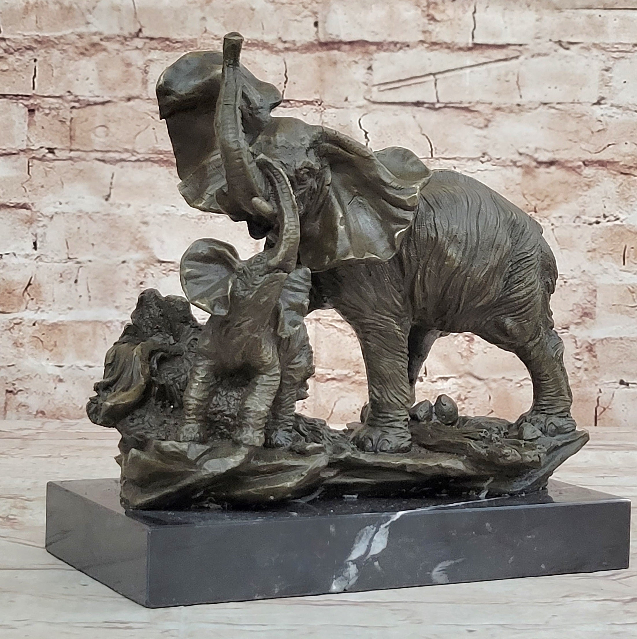 Mother Elephant & Calf Bronze Statue Sculpture Figure on Marble Base Barye
