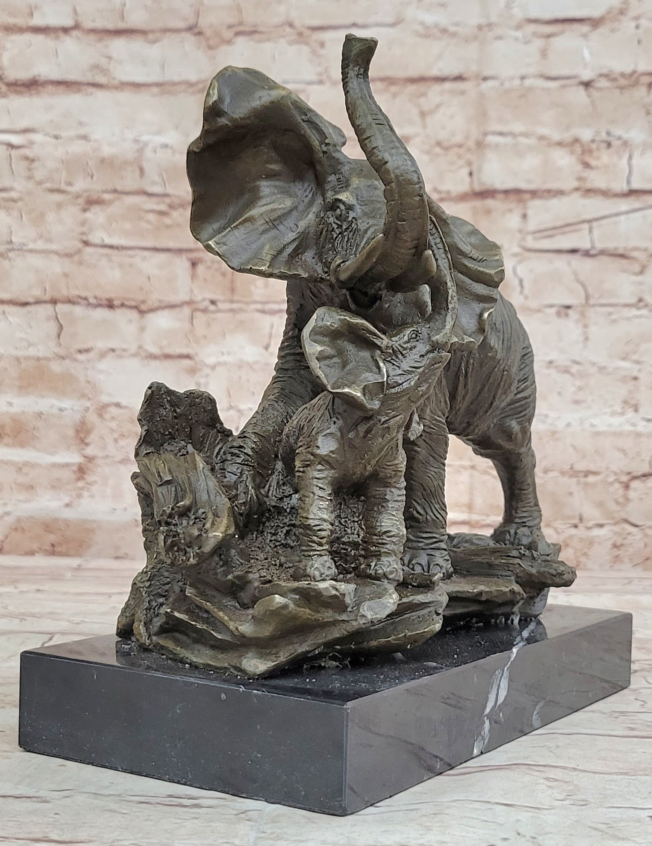 Mother Elephant & Calf Bronze Statue Sculpture Figure on Marble Base Barye