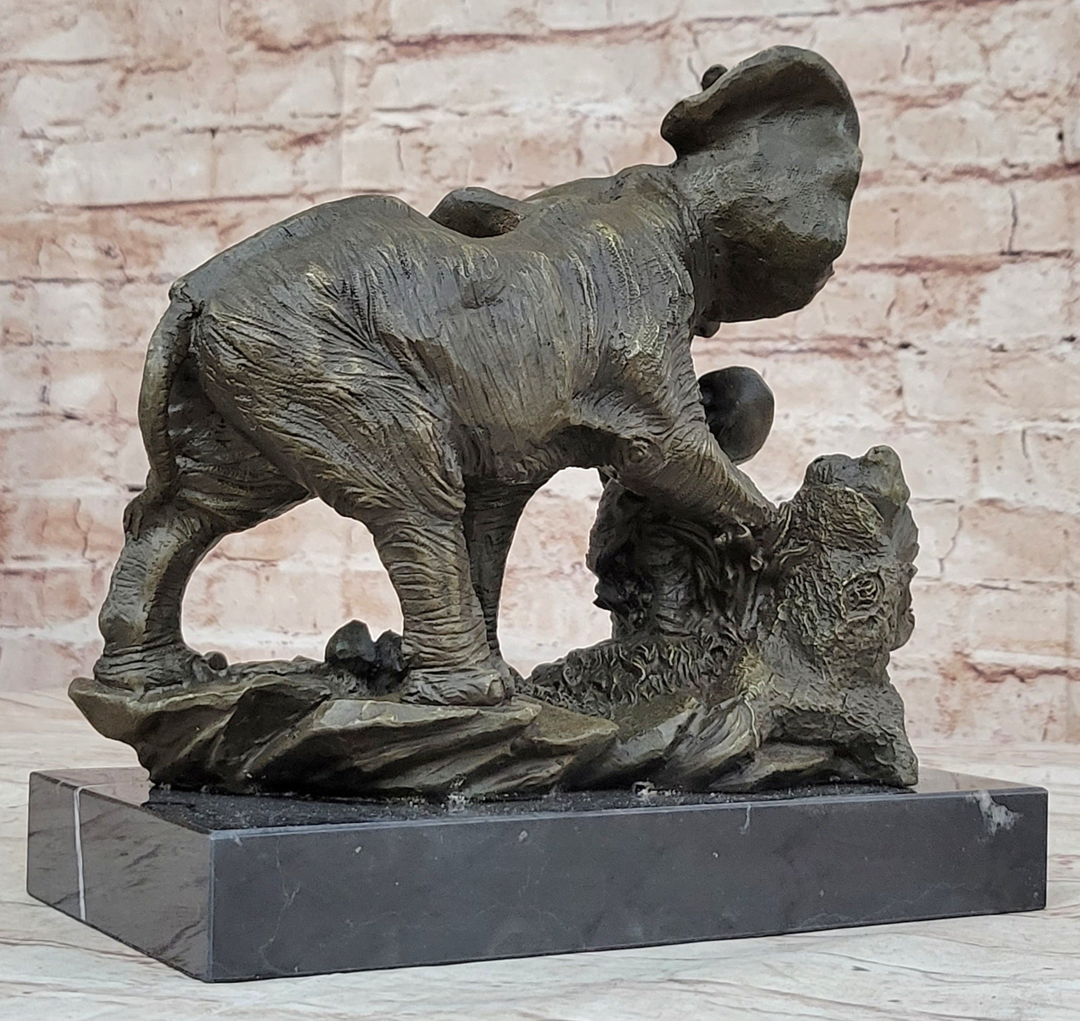 Mother Elephant & Calf Bronze Statue Sculpture Figure on Marble Base Barye